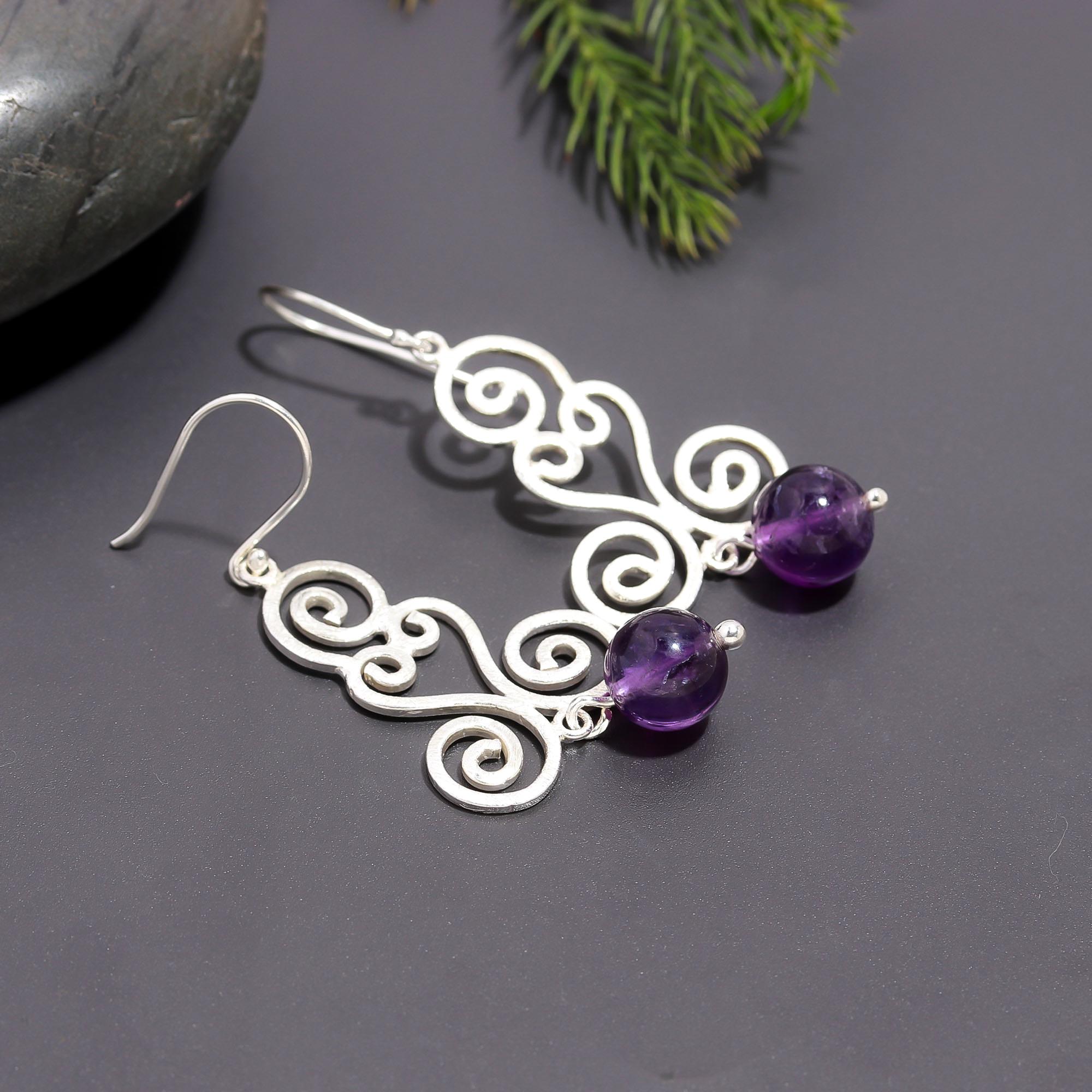 925 Silver Swirl Amethyst Bead Dangle Earrings