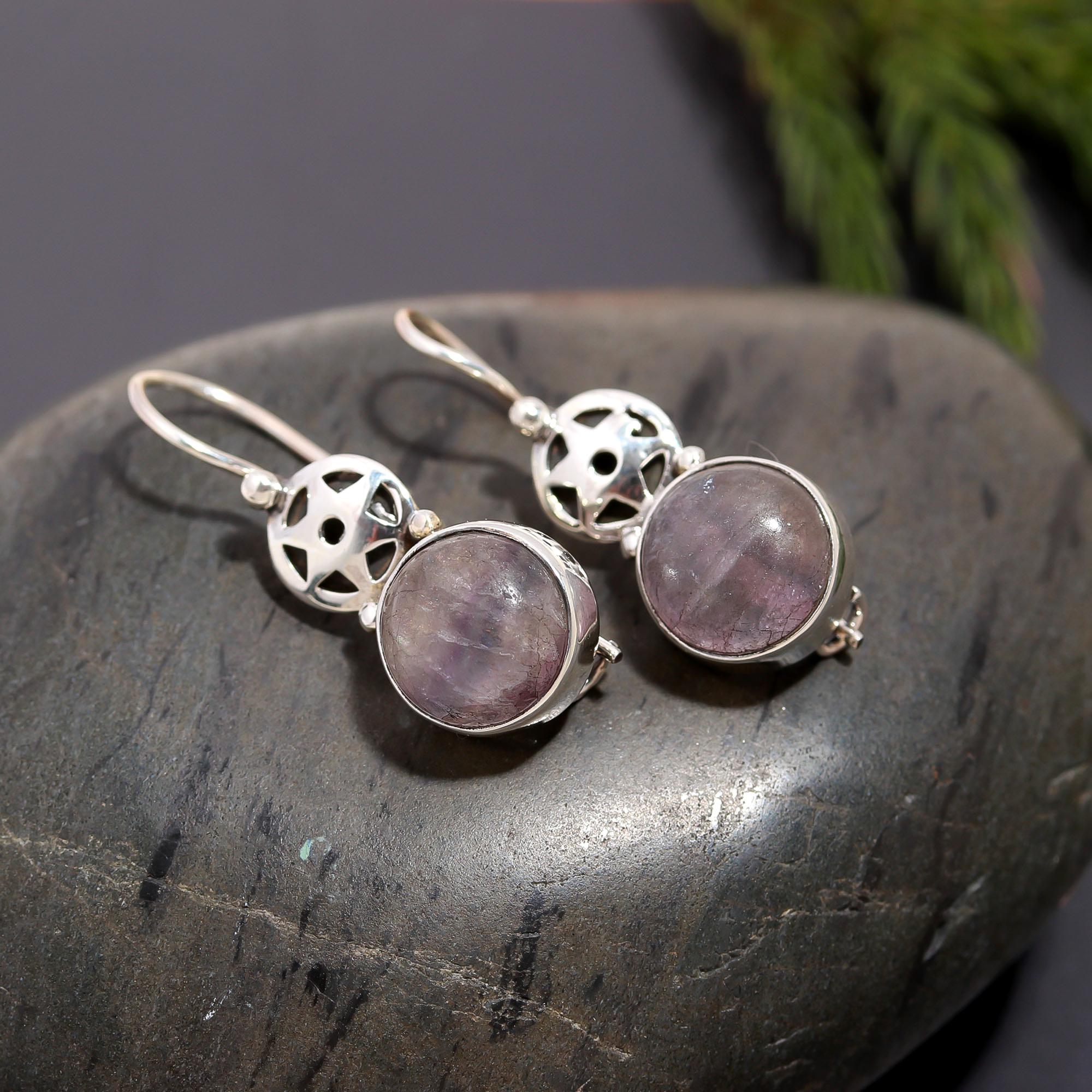 925 Silver Round Fluorite Dangle Earrings