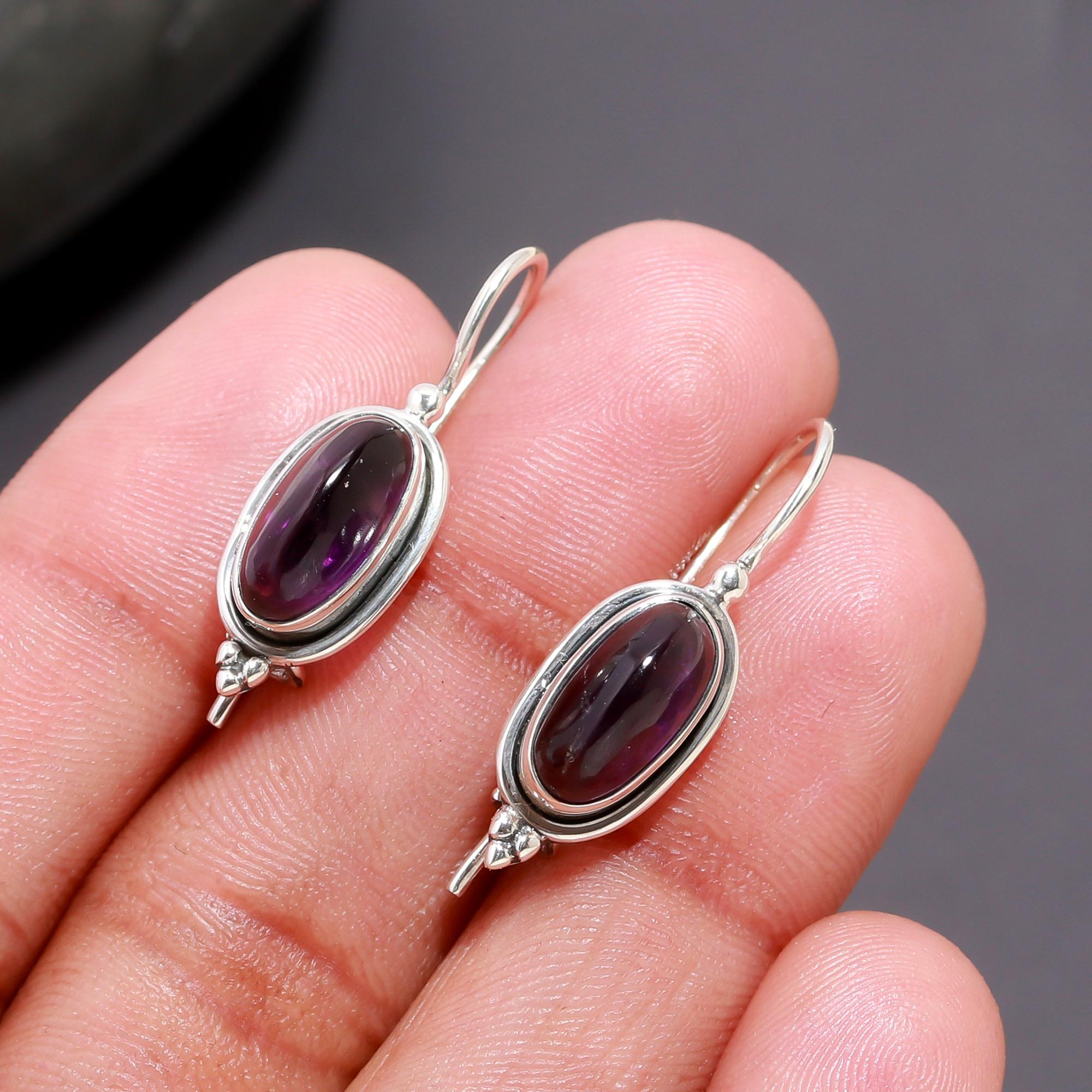 925 Silver Oval Garnet Dangle Earrings