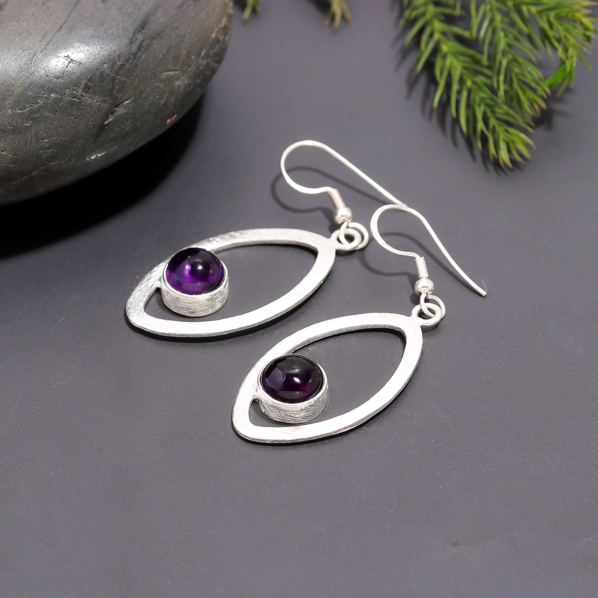 925 Silver Oval Frame Amethyst Dangle Earrings