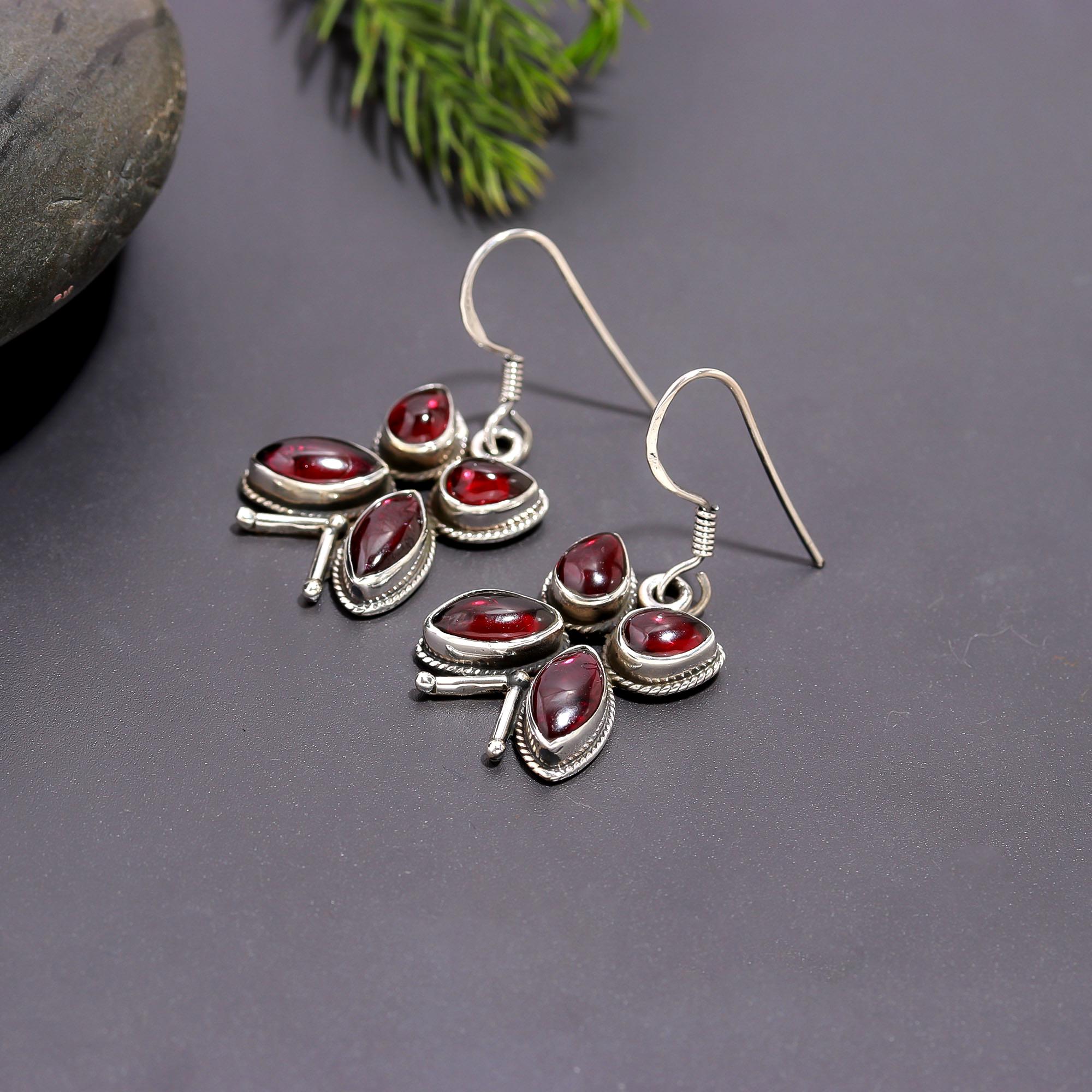 925 Silver Garnet Butterfly Dangle Earrings