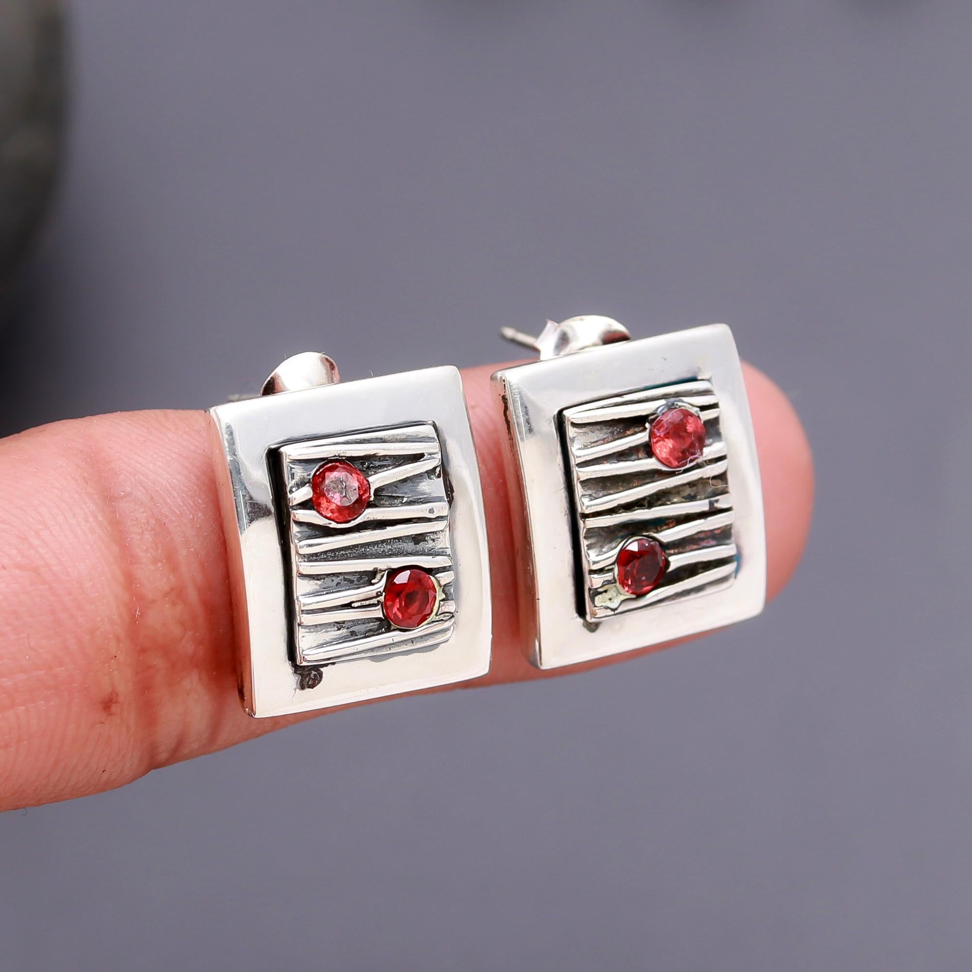 925 Silver Square Garnet Stud Earrings