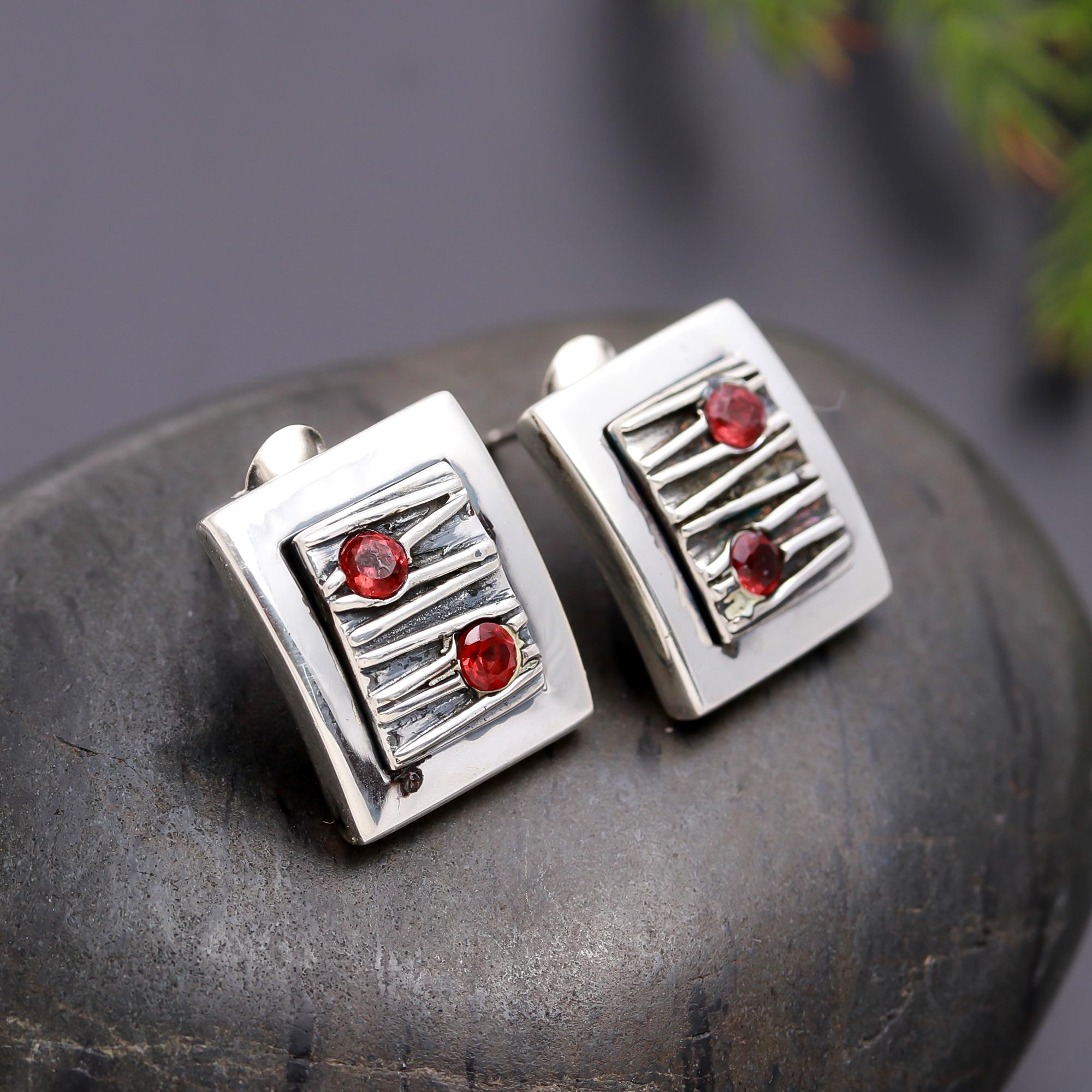 925 Silver Square Garnet Stud Earrings