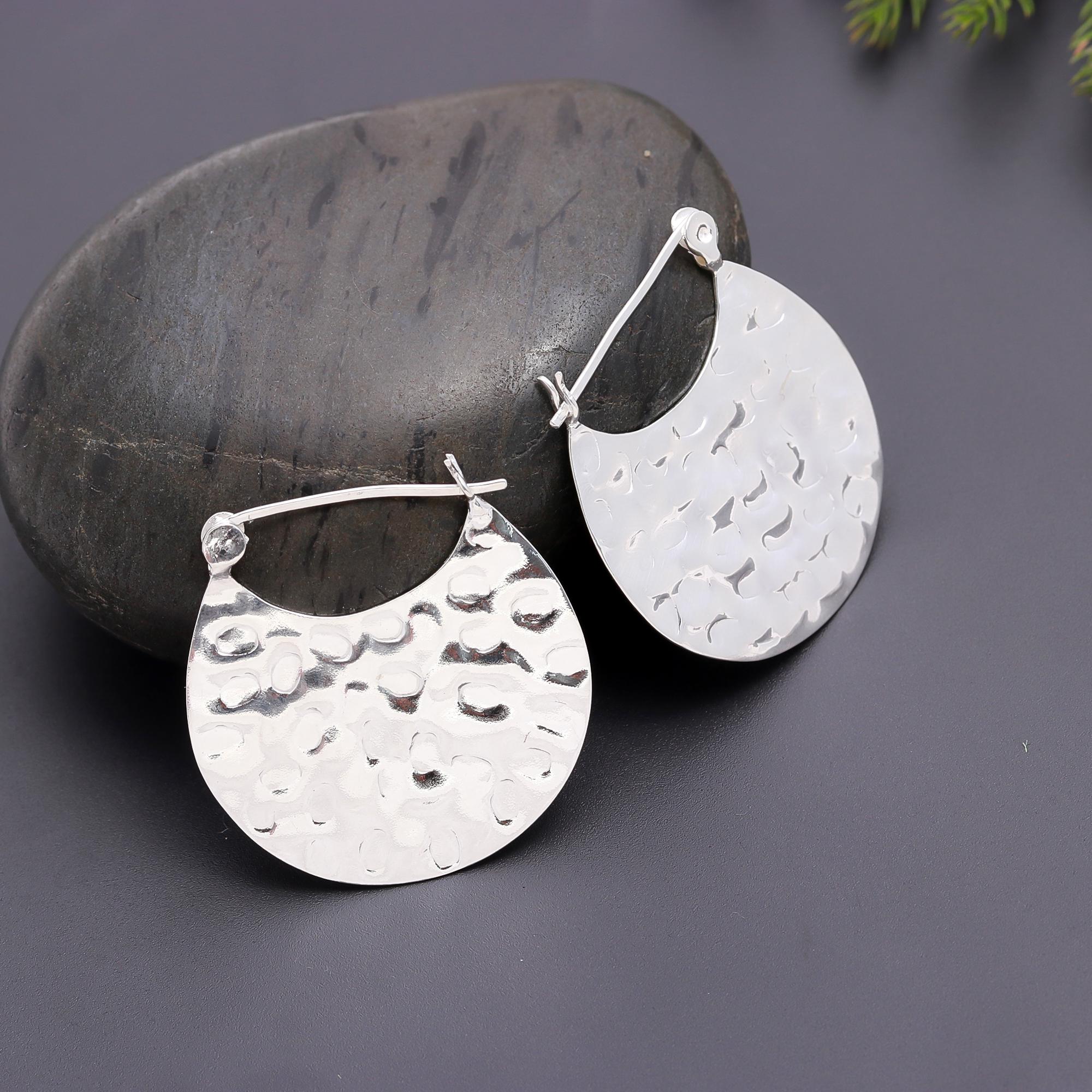 925 Silver Hammered Half Moon Hoop Earrings