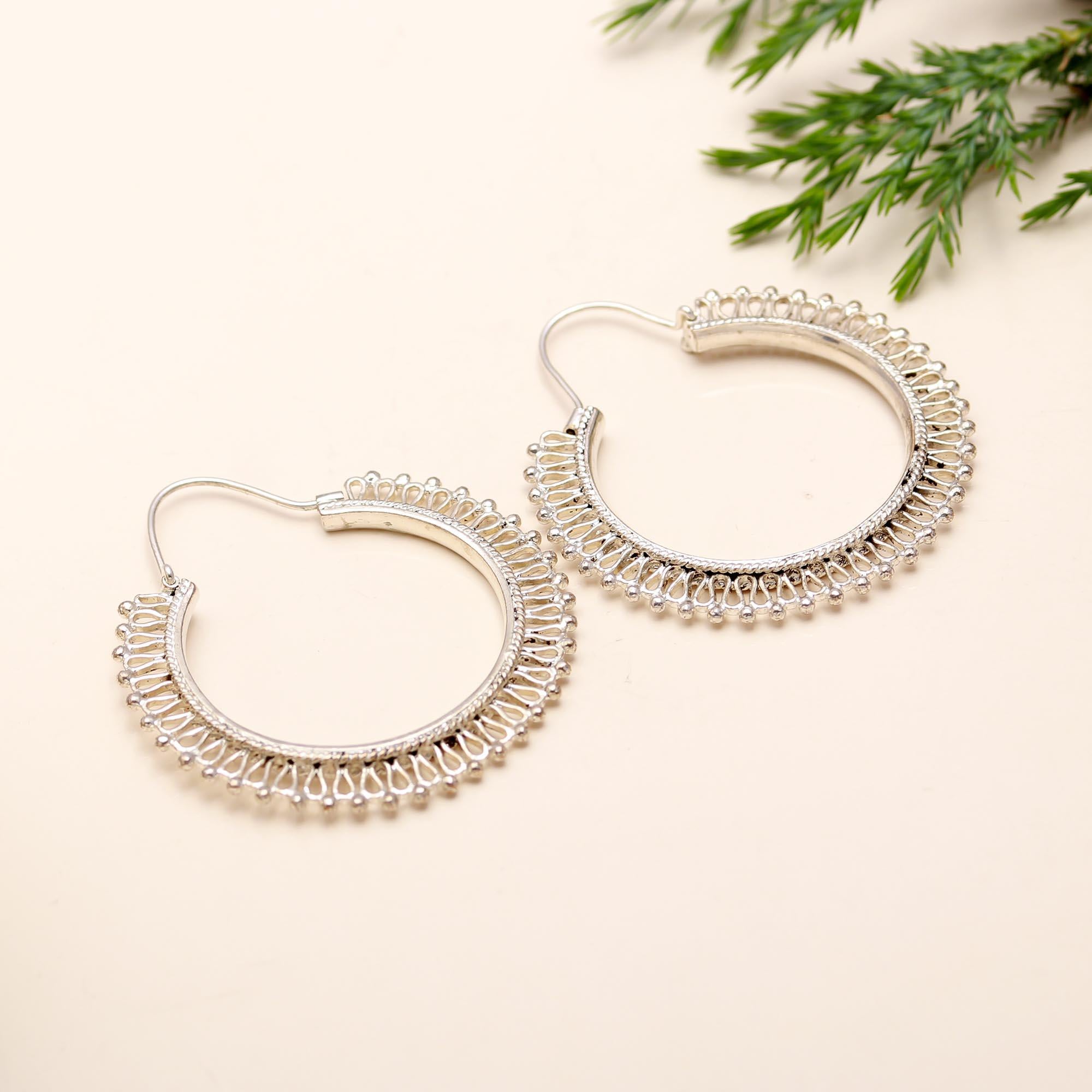 The Silver Lattice: Intricate Filigree Hoop Earrings