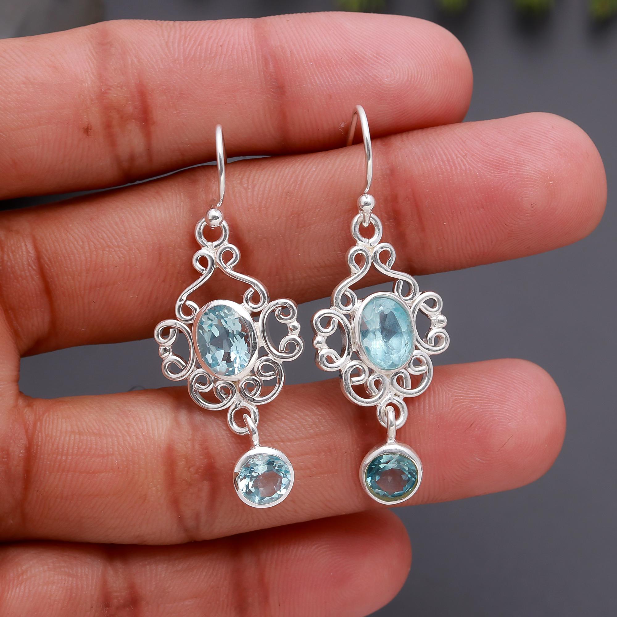925 Silver Ornate Blue Topaz Dangle Earrings