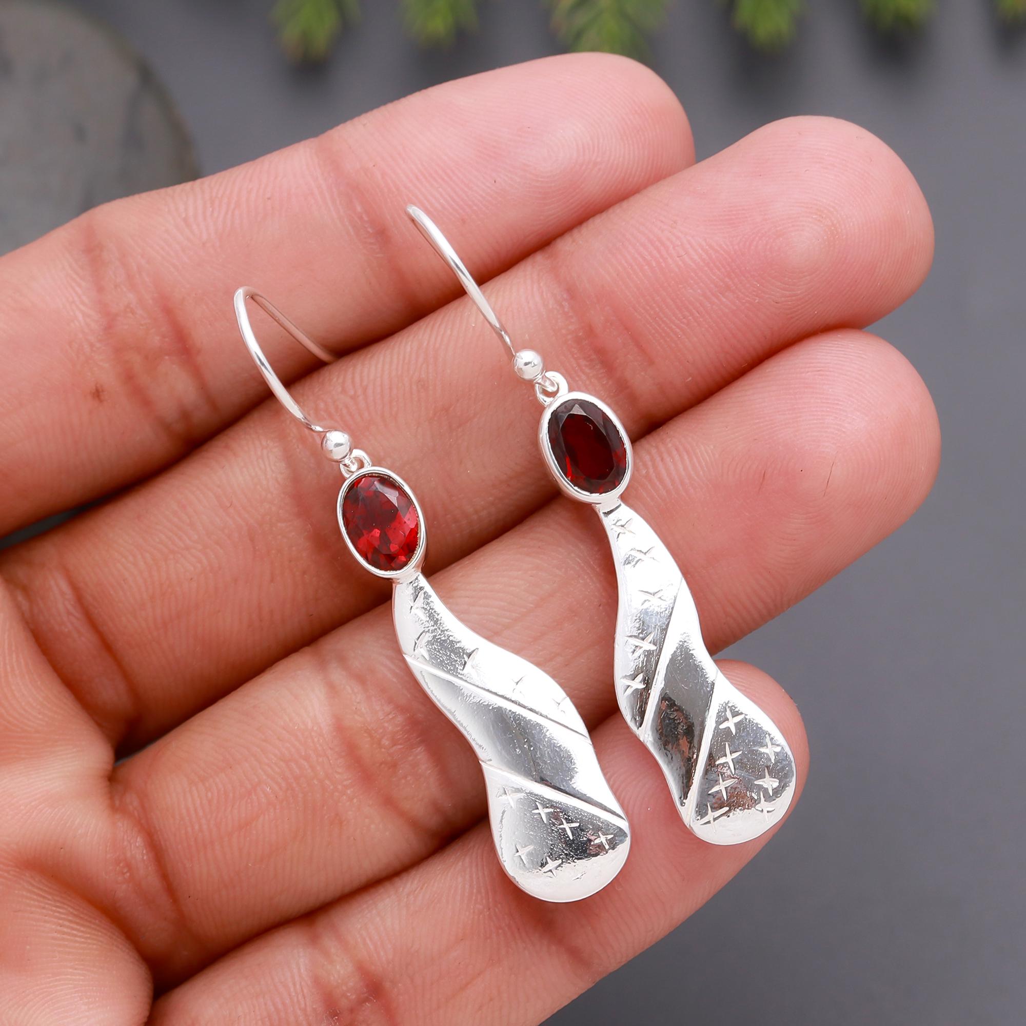 925 Silver Twisted Garnet Dangle Earrings
