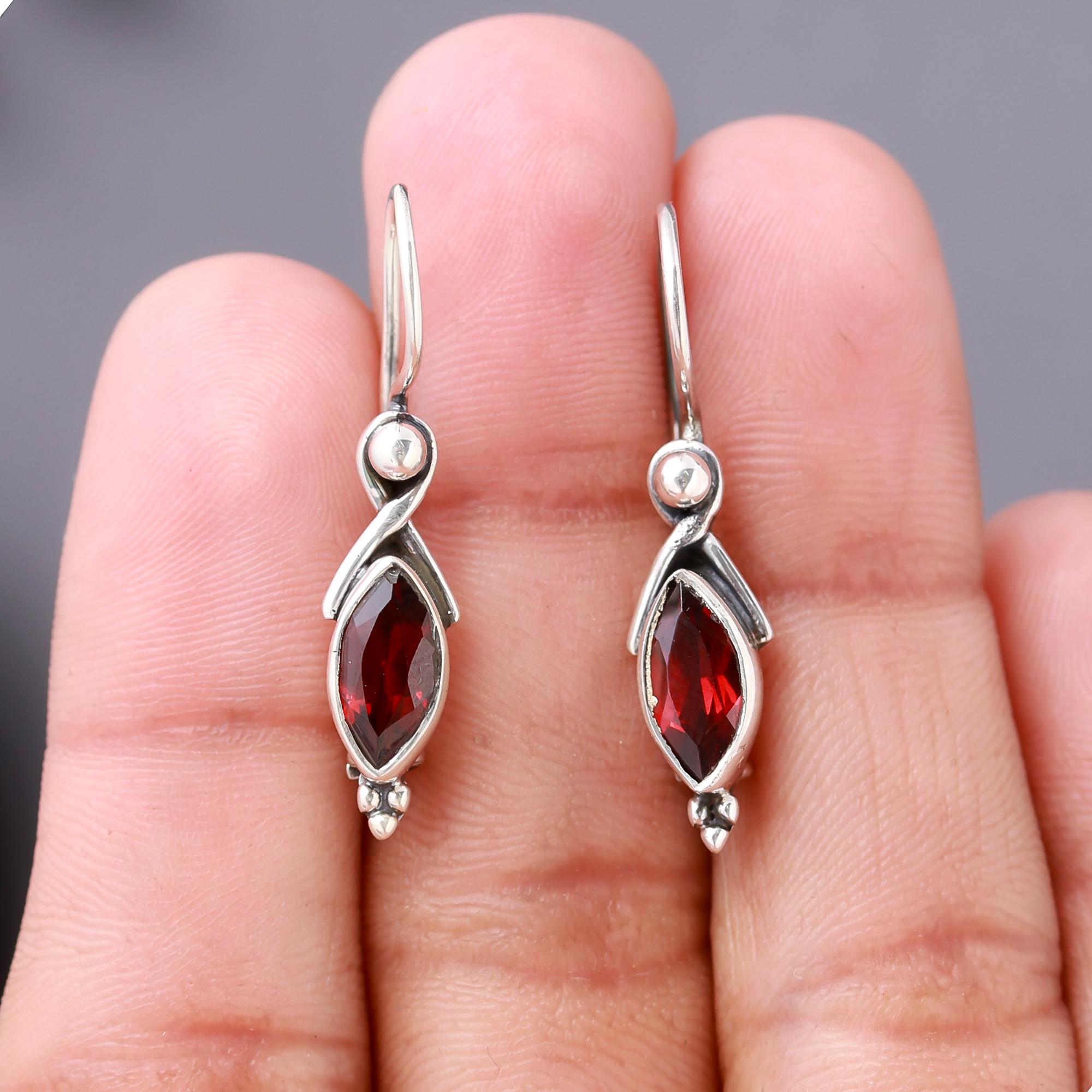 925 Silver Marquise Garnet Dangle Earrings