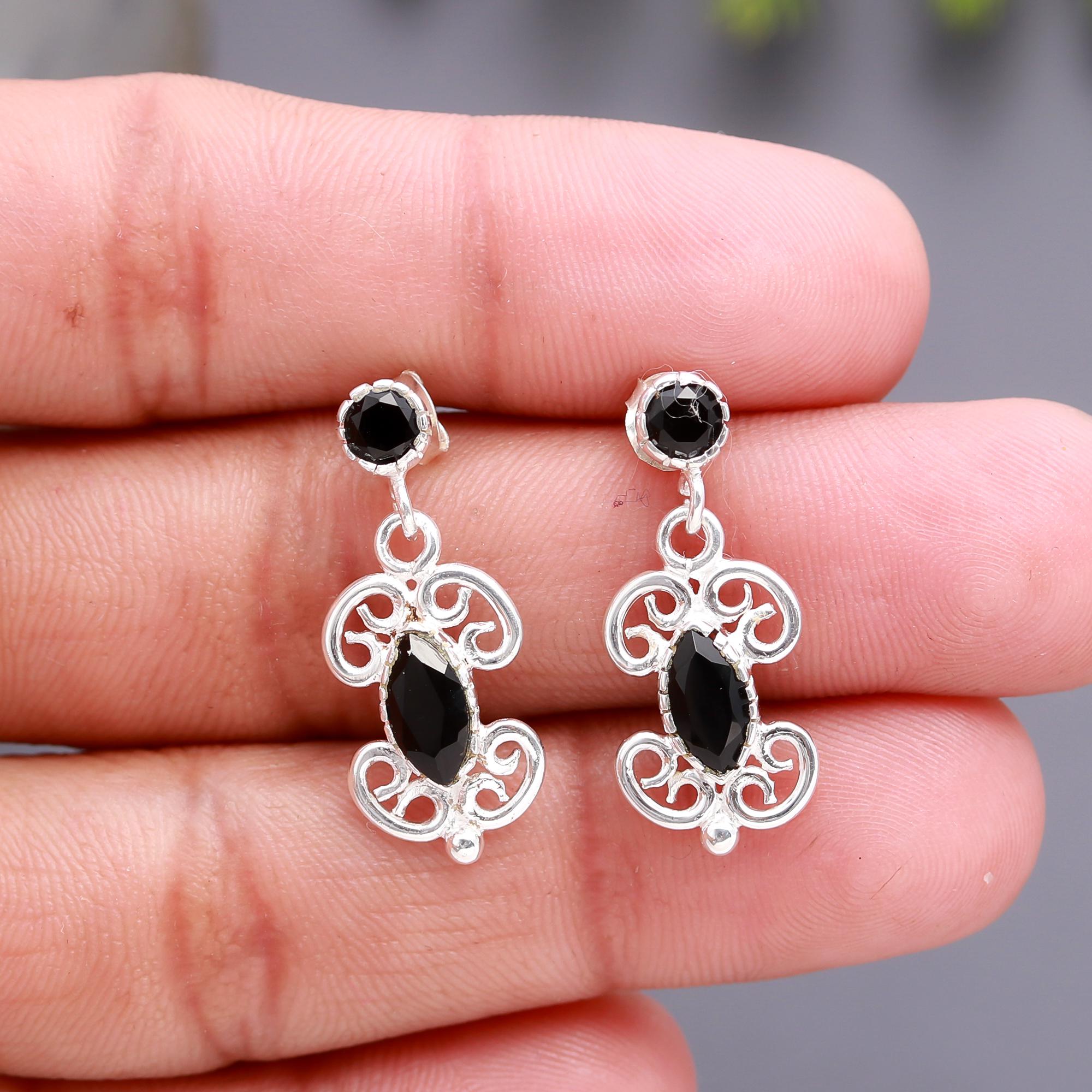 925 Silver Black Onyx Filigree Drop Earrings