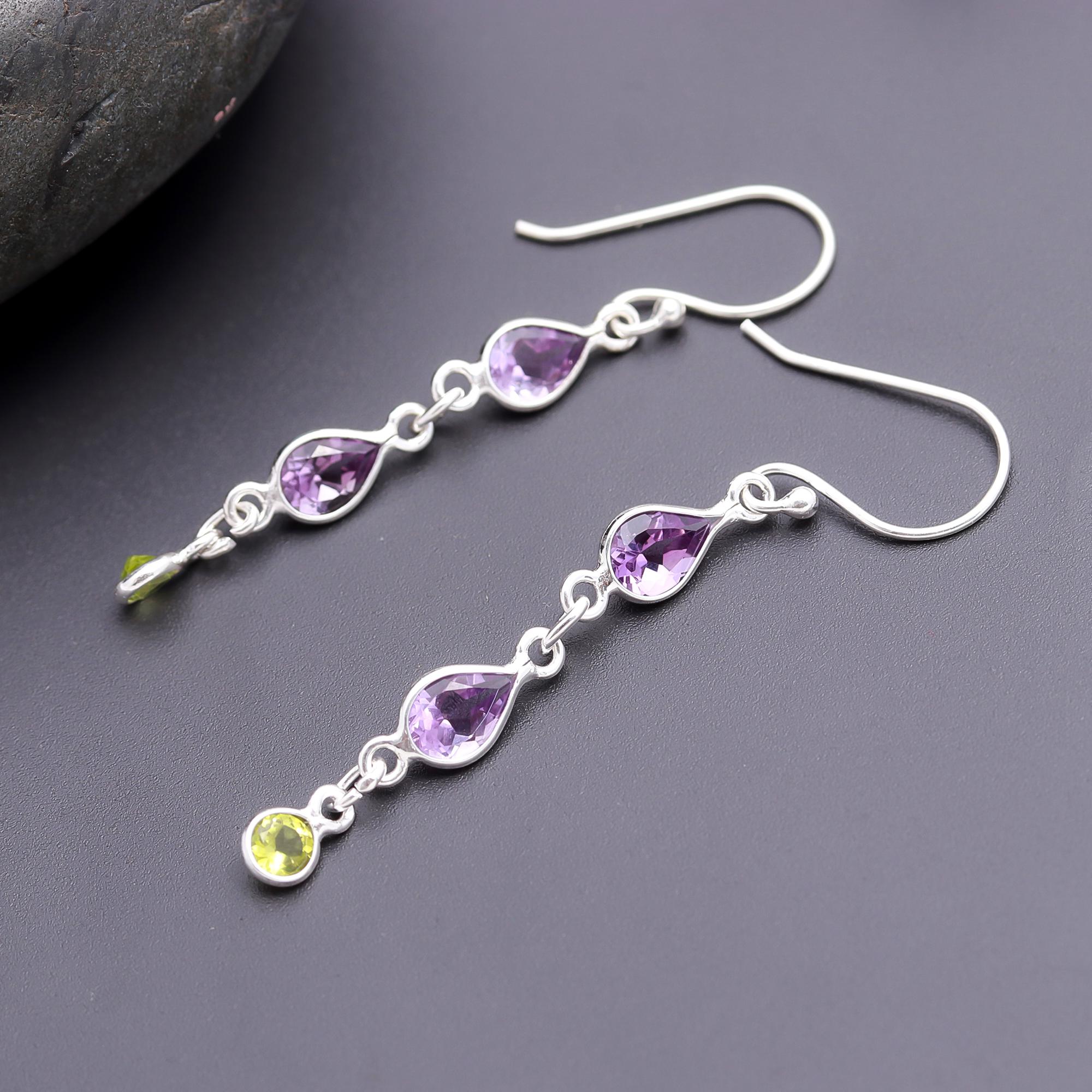 925 Silver Amethyst and Peridot Long Dangle Earrings