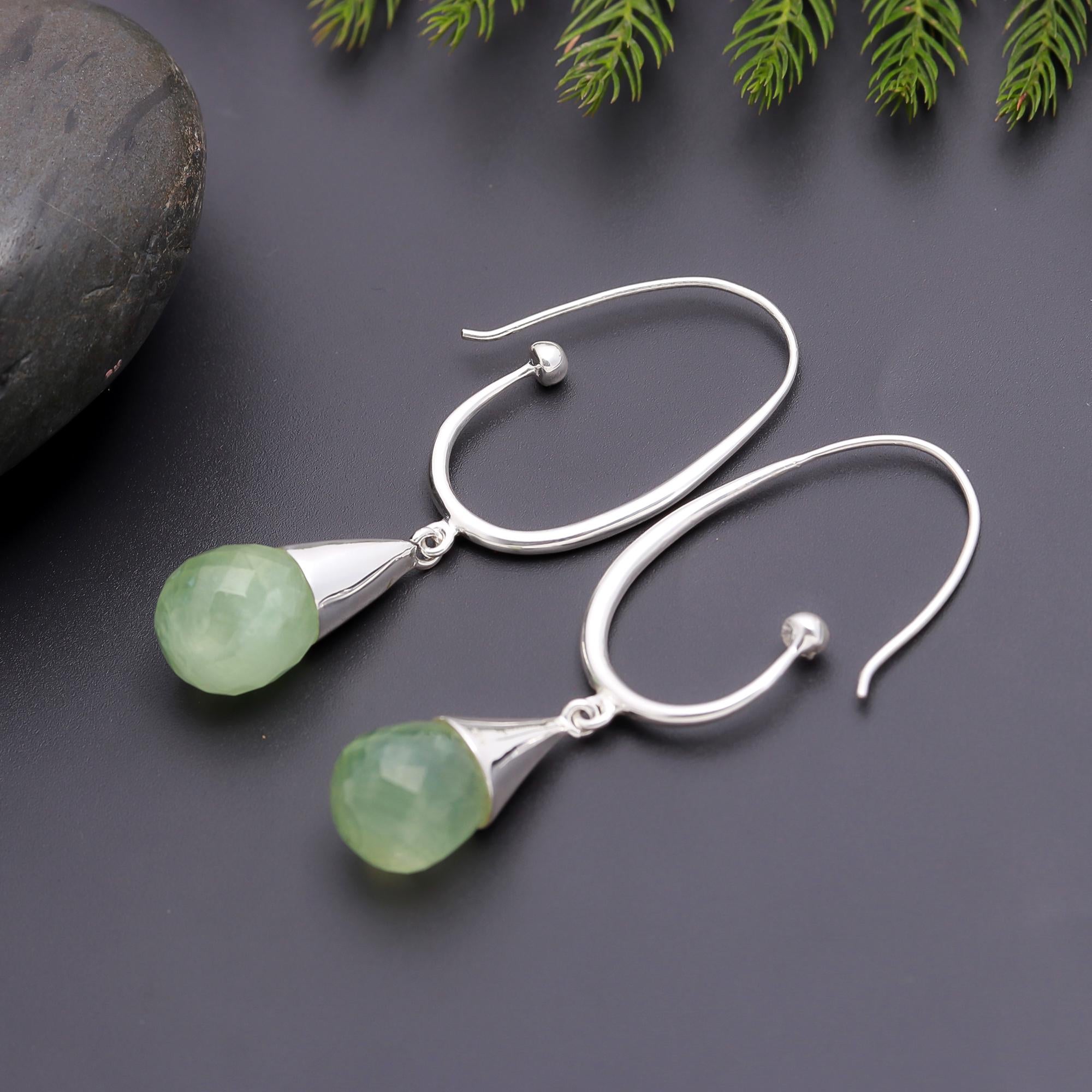 925 Silver Green Prehnite Dangle Earrings