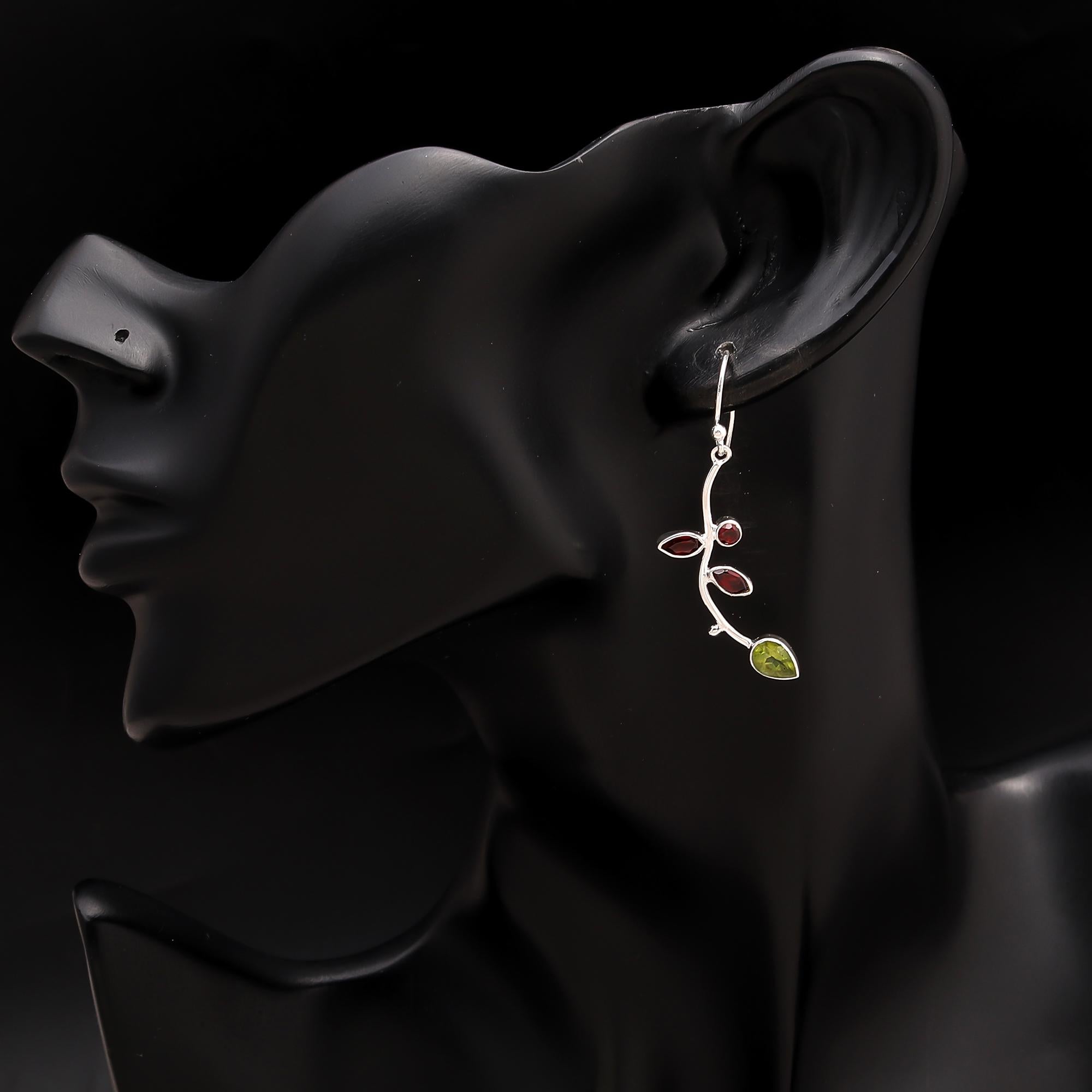 925 Silver Peridot and Garnet Leaf Dangle Earrings