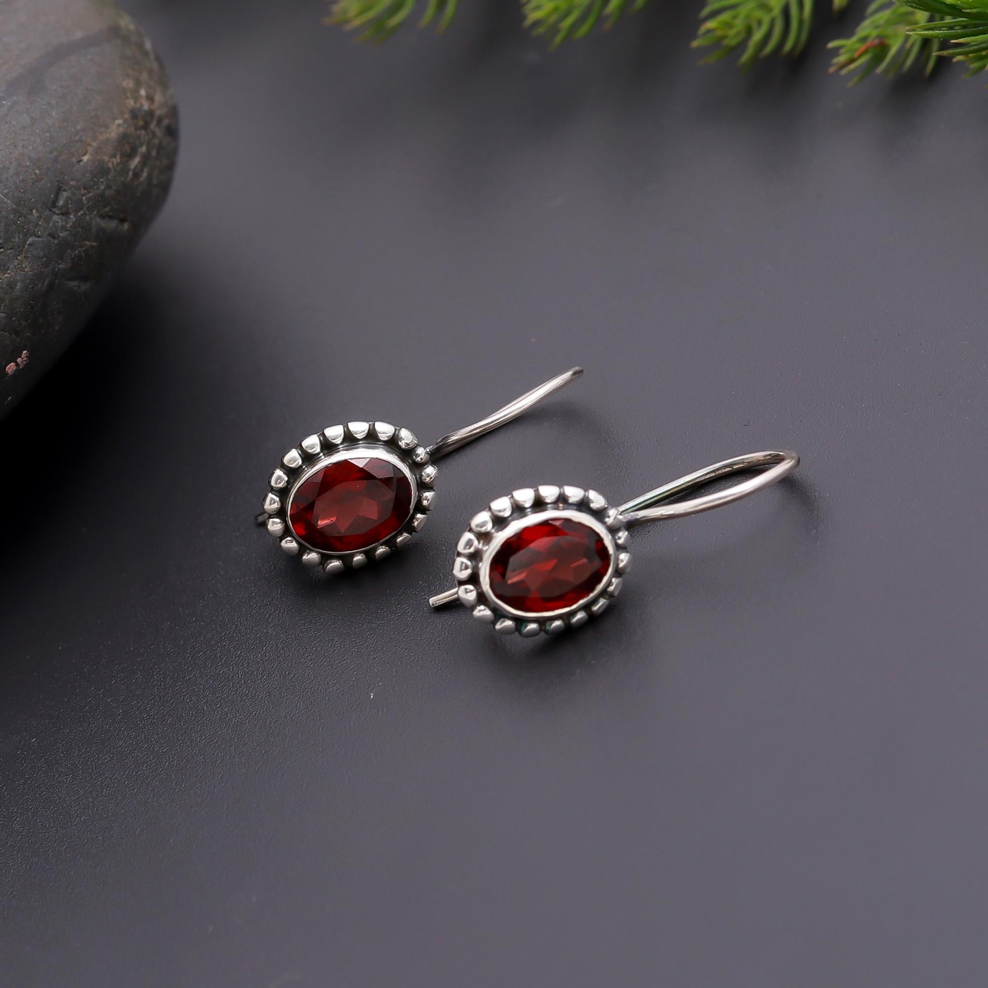 925 Silver Garnet Dangle Earrings
