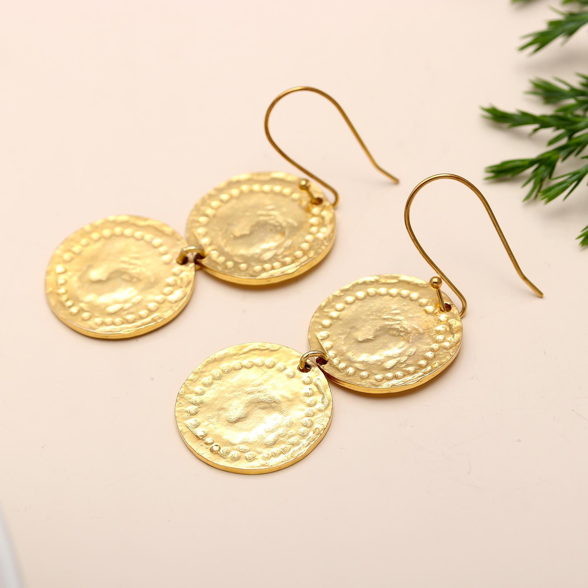 The Gilded Trio: Hammered Gold Coin Triple Drop Earrings