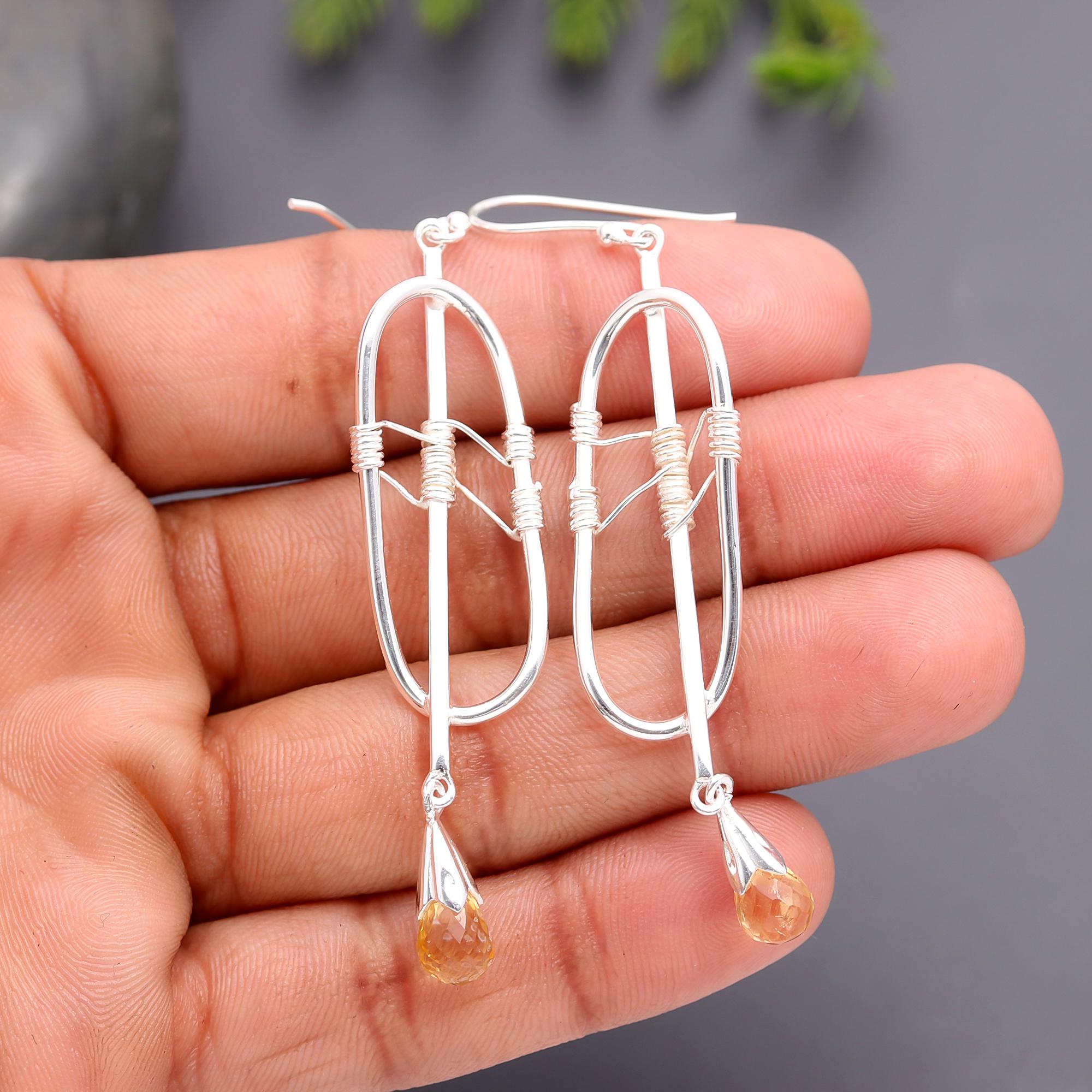 925 Silver Citrine Drop Dangle Earrings