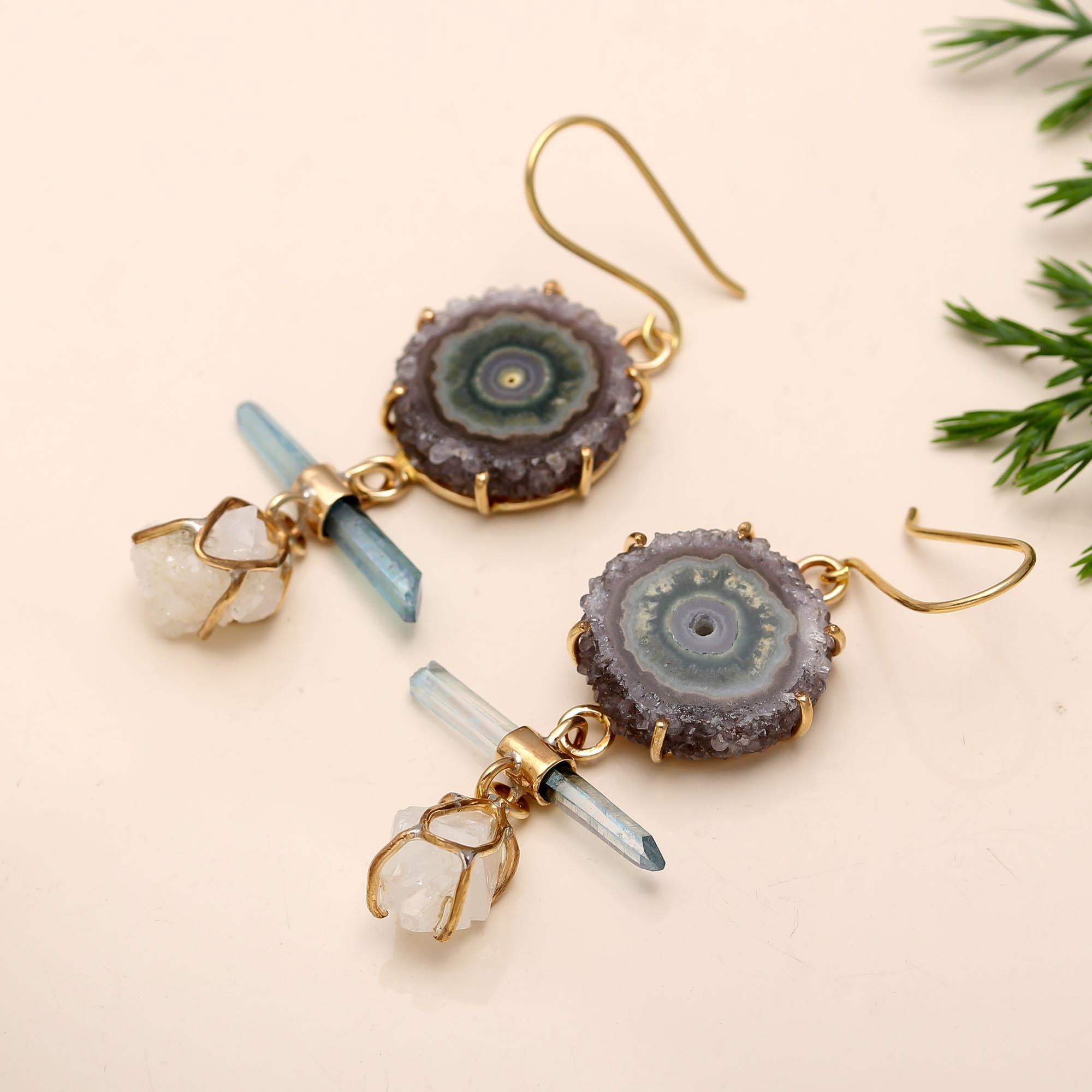 The Cosmic Raw: Solar Quartz & Crystal Point Statement Earrings