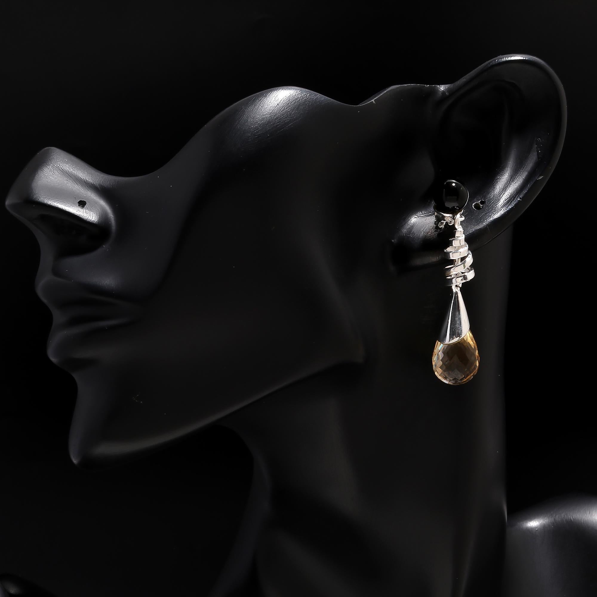 925 Silver Black Onyx and Citrine Drop Earrings