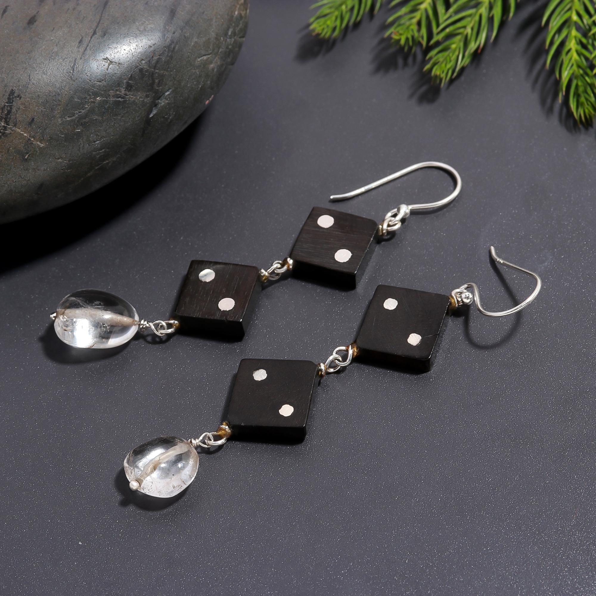 925 Silver Black Wood and Crystal Long Dangle Earrings