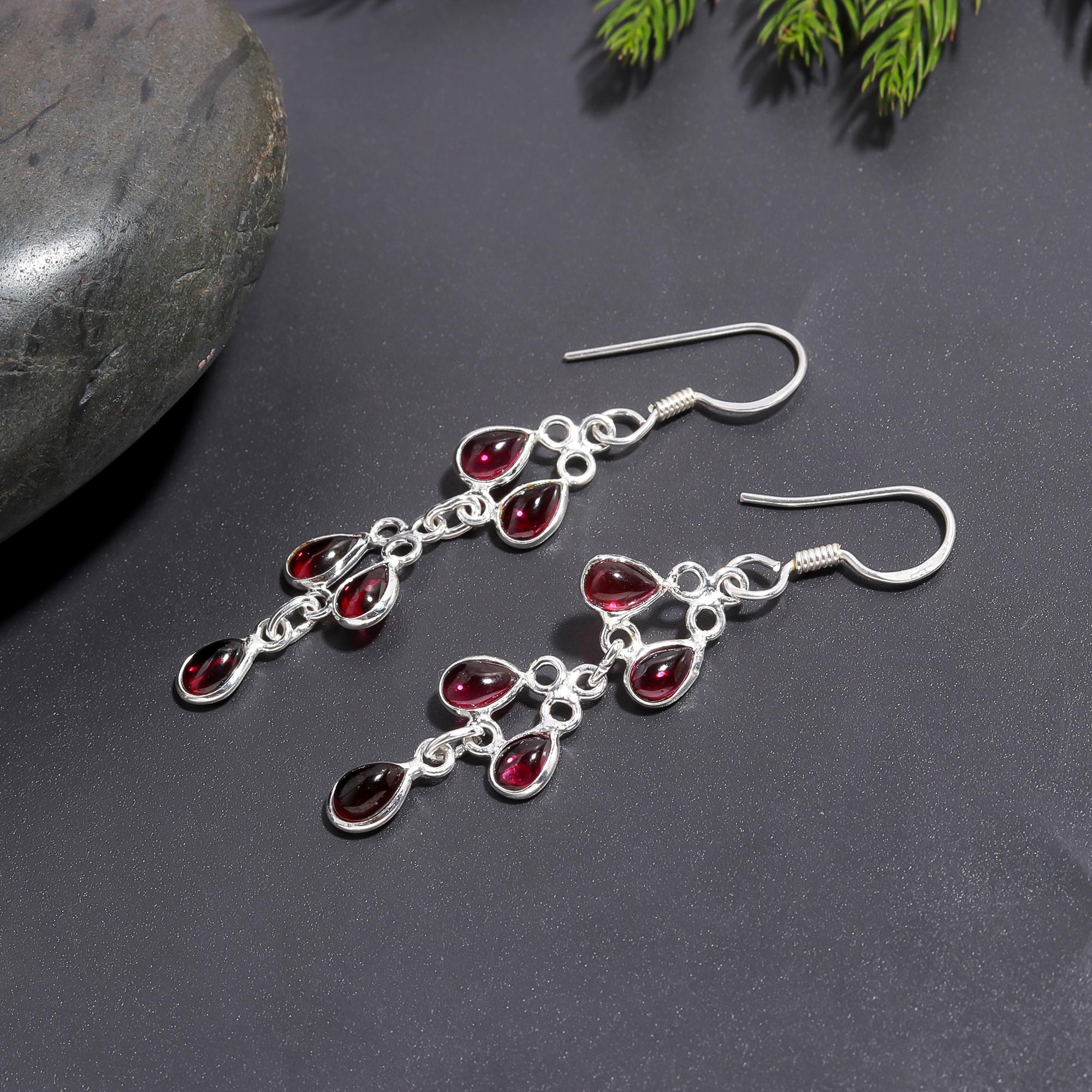 925 Silver Multi-Garnet Dangle Earrings
