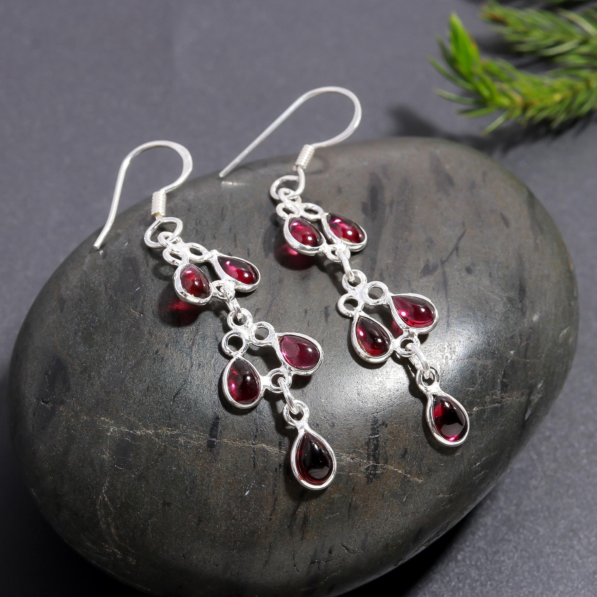 925 Silver Multi-Garnet Dangle Earrings