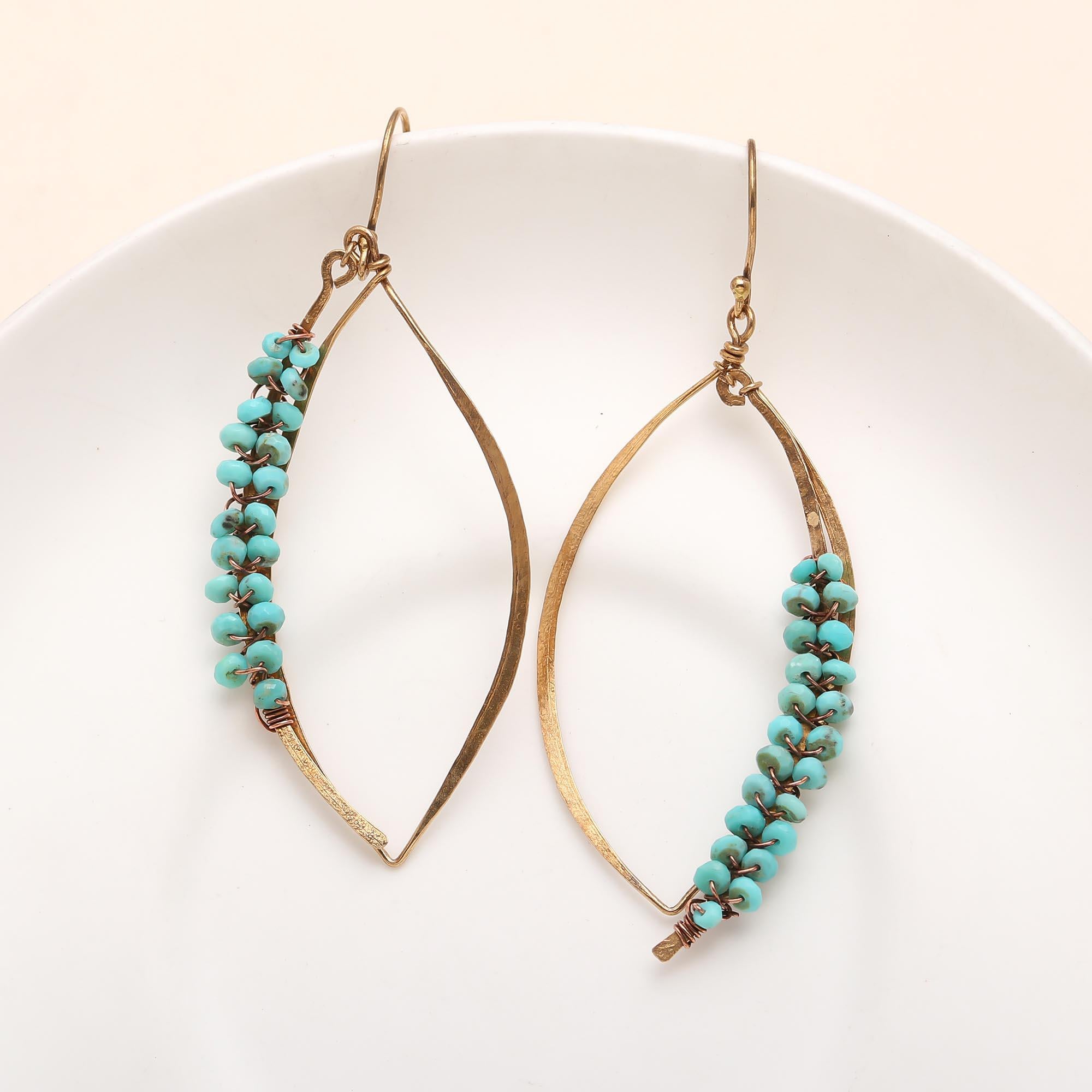 The Azure Leaf: Wire-Wrapped Turquoise Boho Hoop Earrings