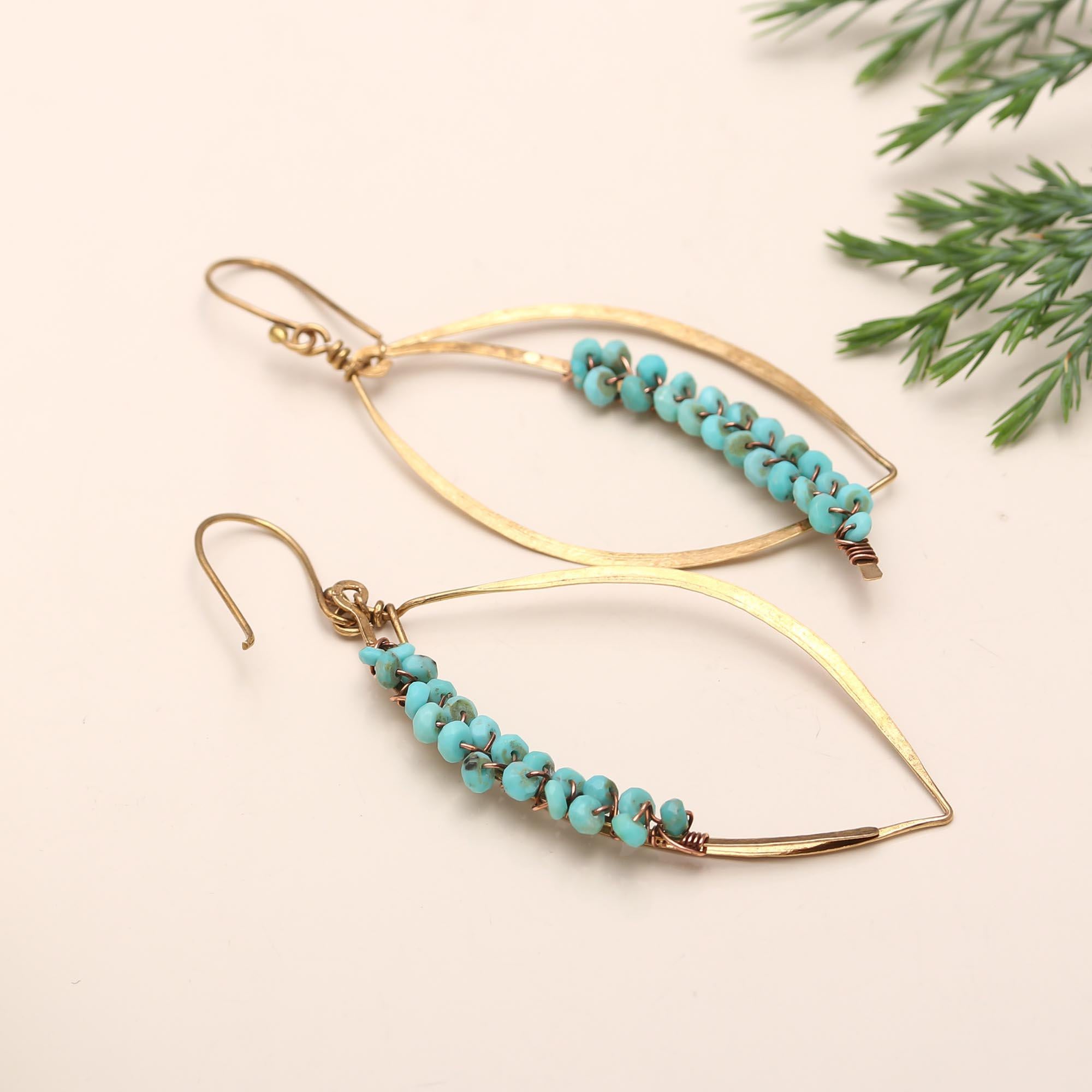The Azure Leaf: Wire-Wrapped Turquoise Boho Hoop Earrings