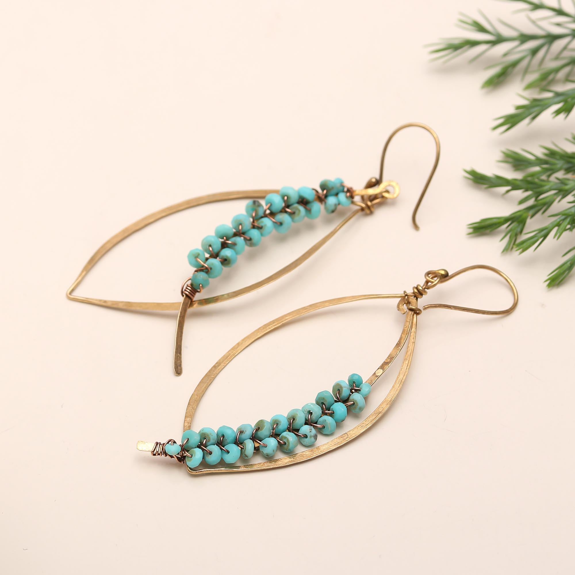 The Azure Leaf: Wire-Wrapped Turquoise Boho Hoop Earrings