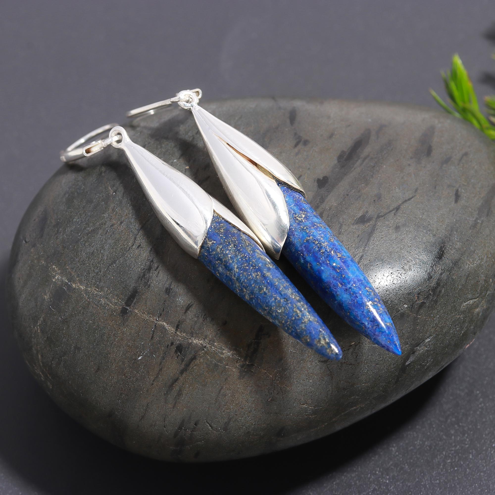 925 Silver Long Lapis Lazuli Spike Drop Earrings