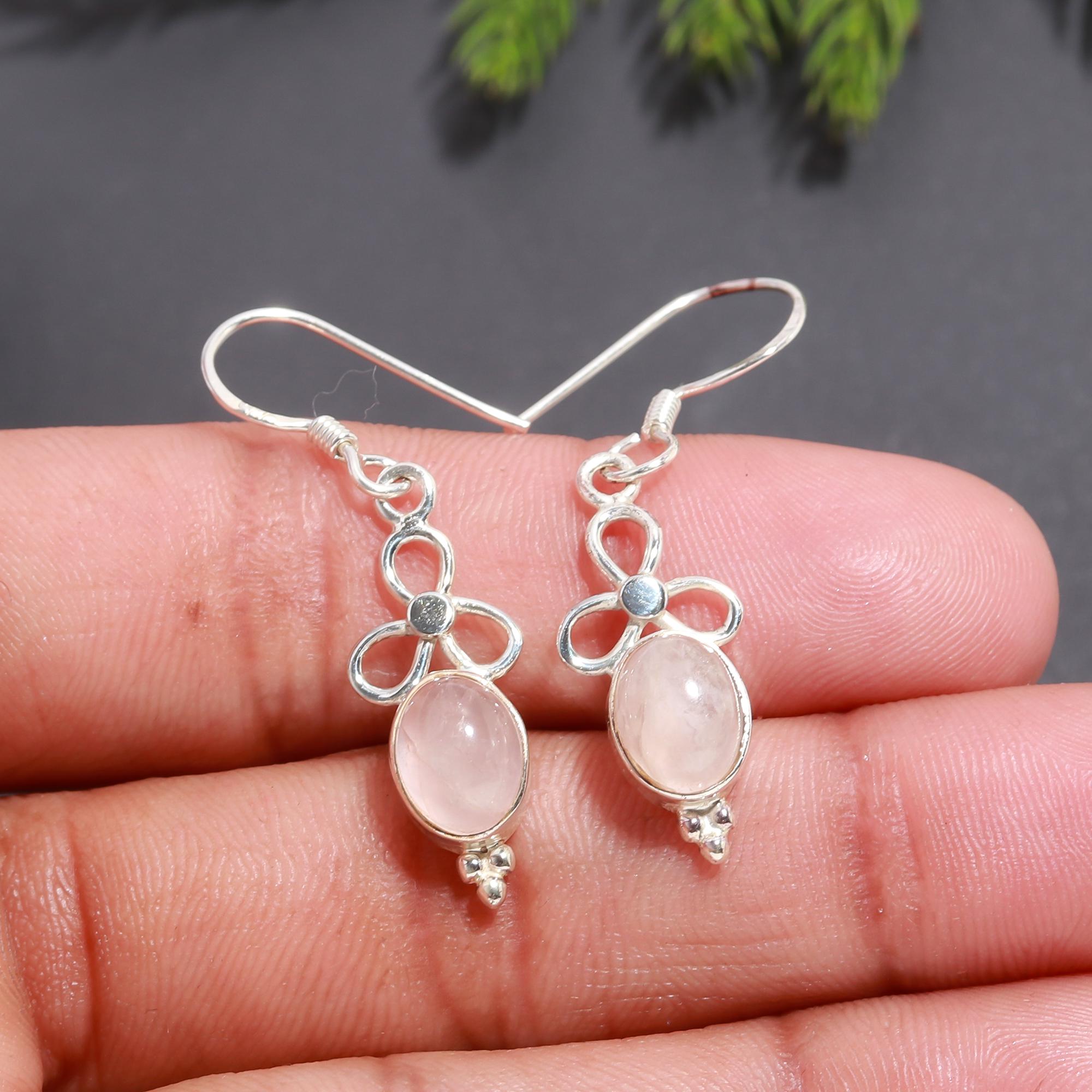 925 Silver Rose Quartz Floral Dangle Earrings