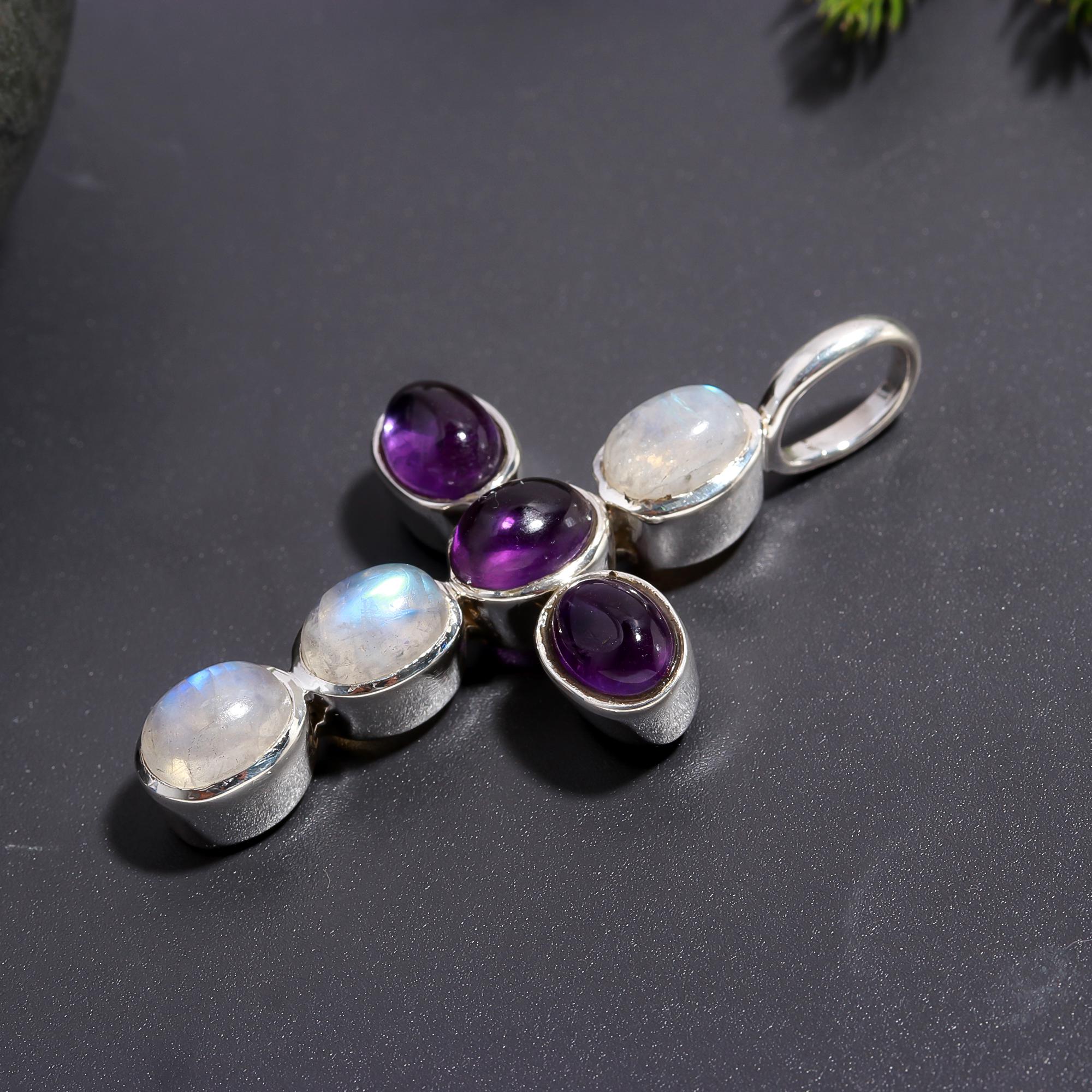 925 Silver Moonstone and Amethyst Cross Pendant