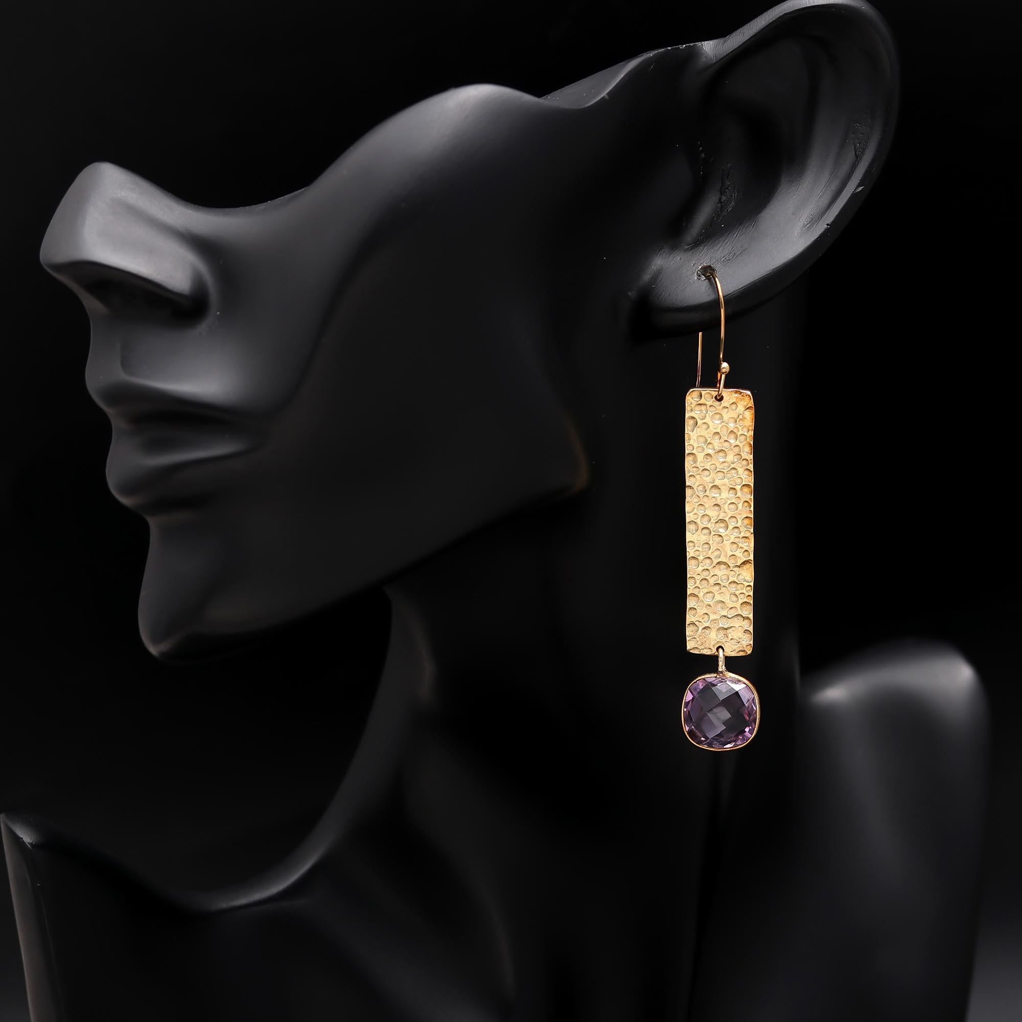 Brass Hammered Amethyst Dangle Earrings