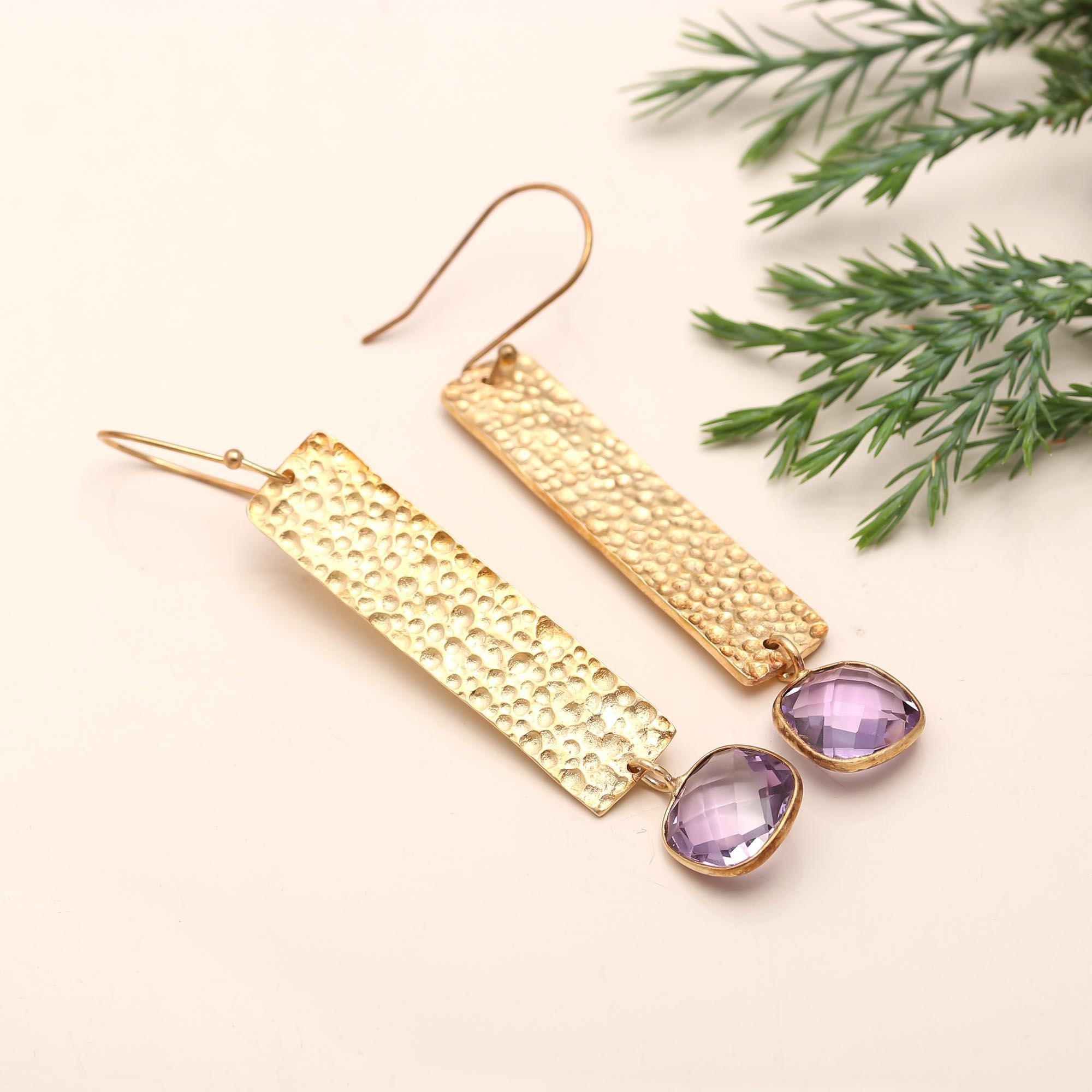 Brass Hammered Amethyst Dangle Earrings