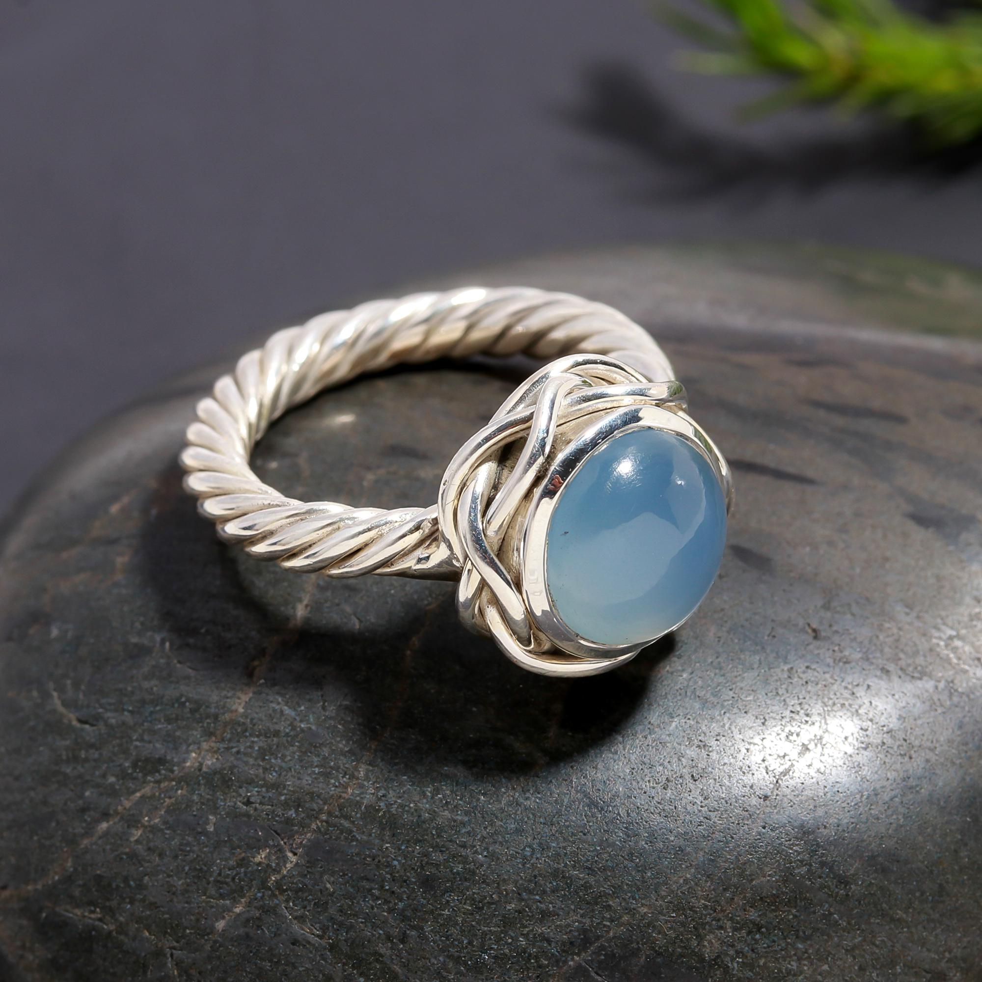 The Serene Oval: Blue Chalcedony Cabochon Wide Band Ring
