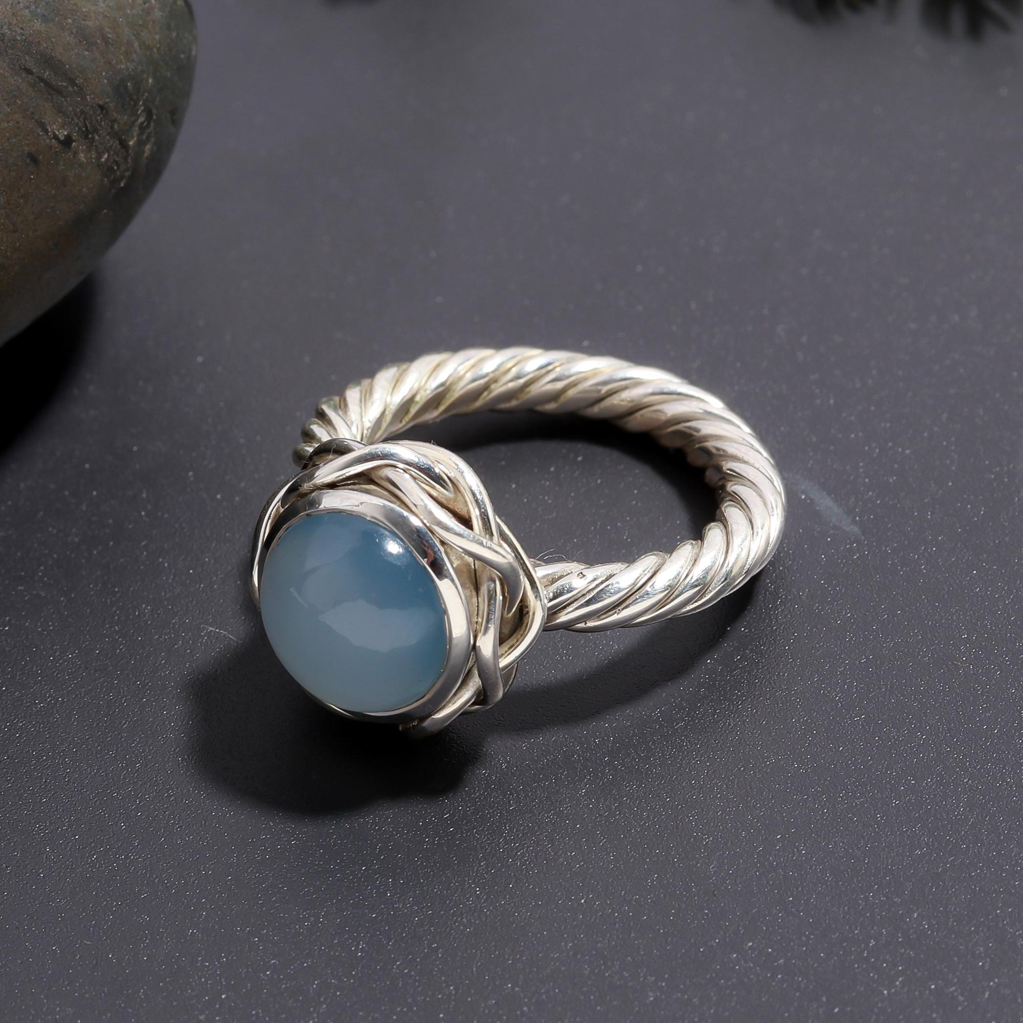 The Serene Oval: Blue Chalcedony Cabochon Wide Band Ring