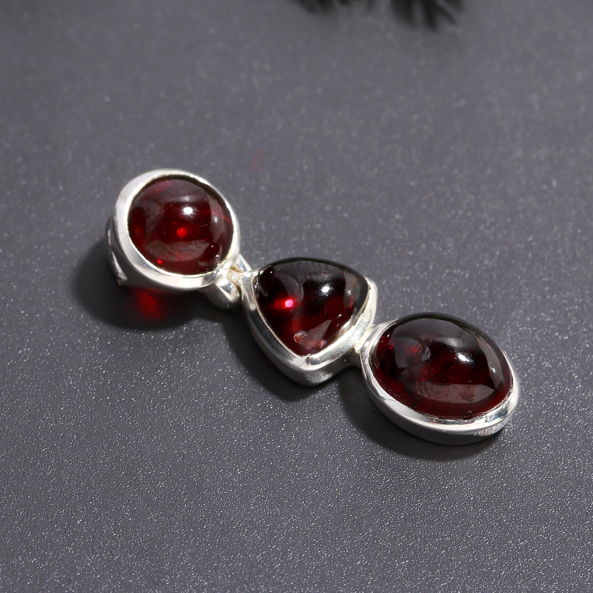 925 Silver Triple Garnet Drop Pendant