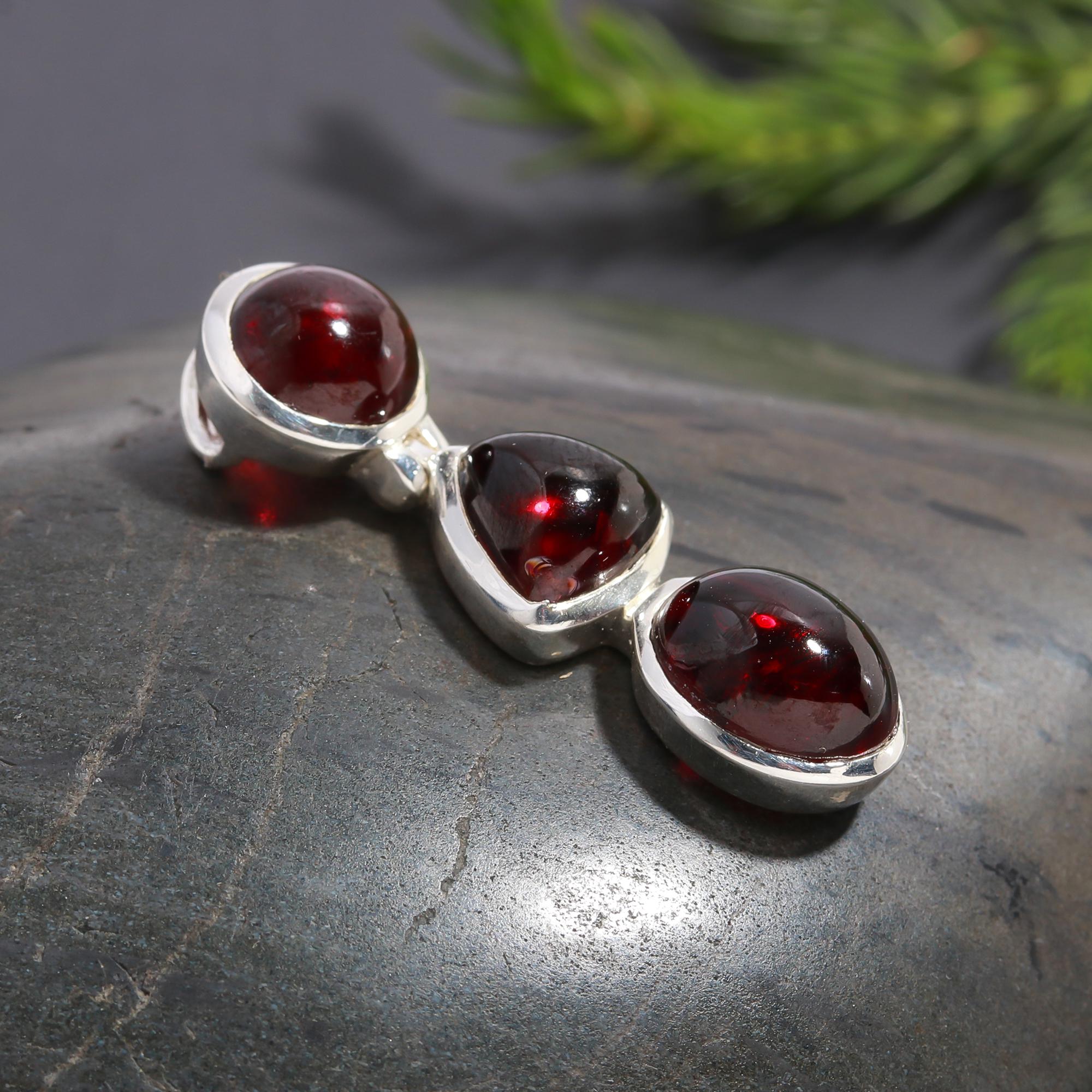 925 Silver Triple Garnet Drop Pendant