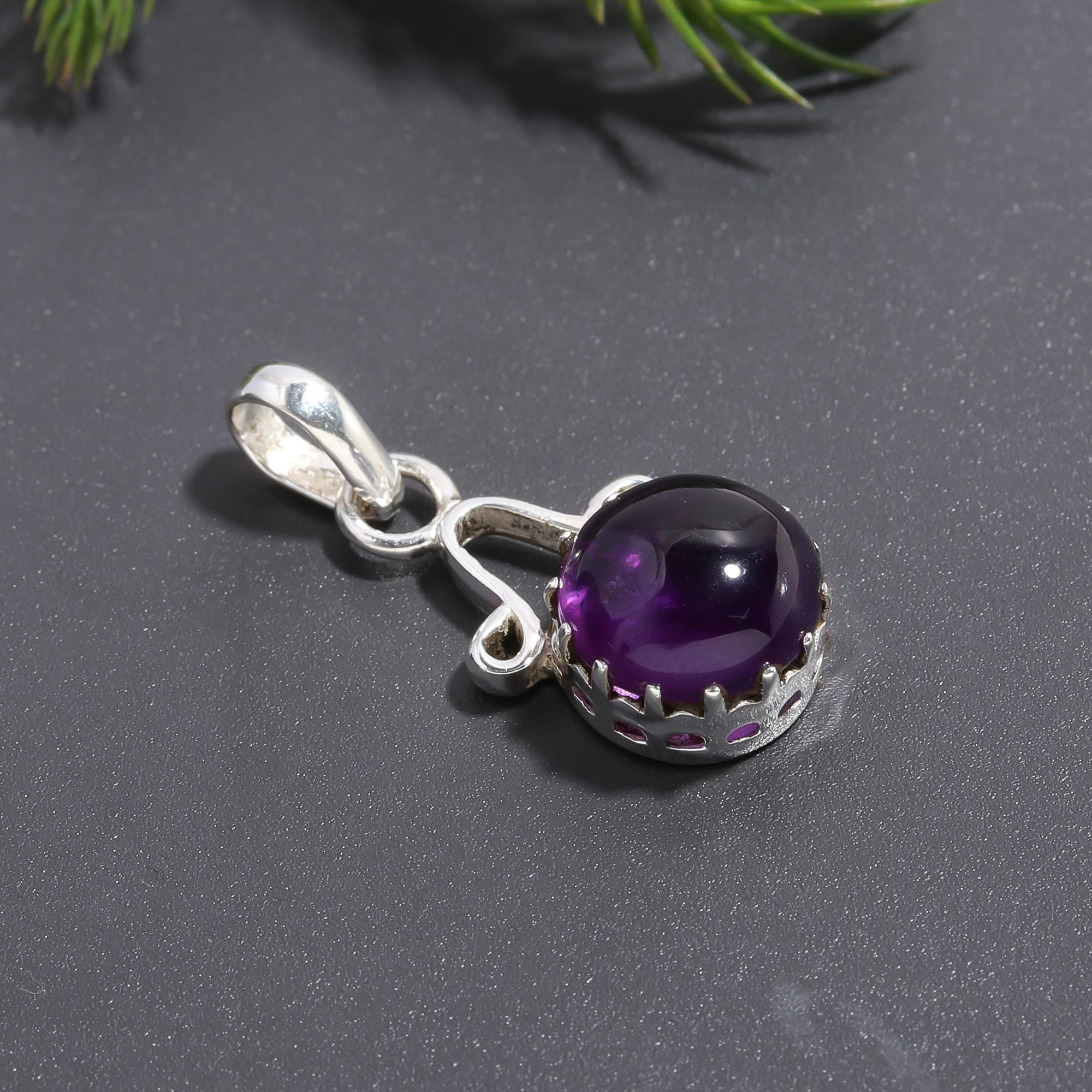 925 Silver Round Amethyst Pendant