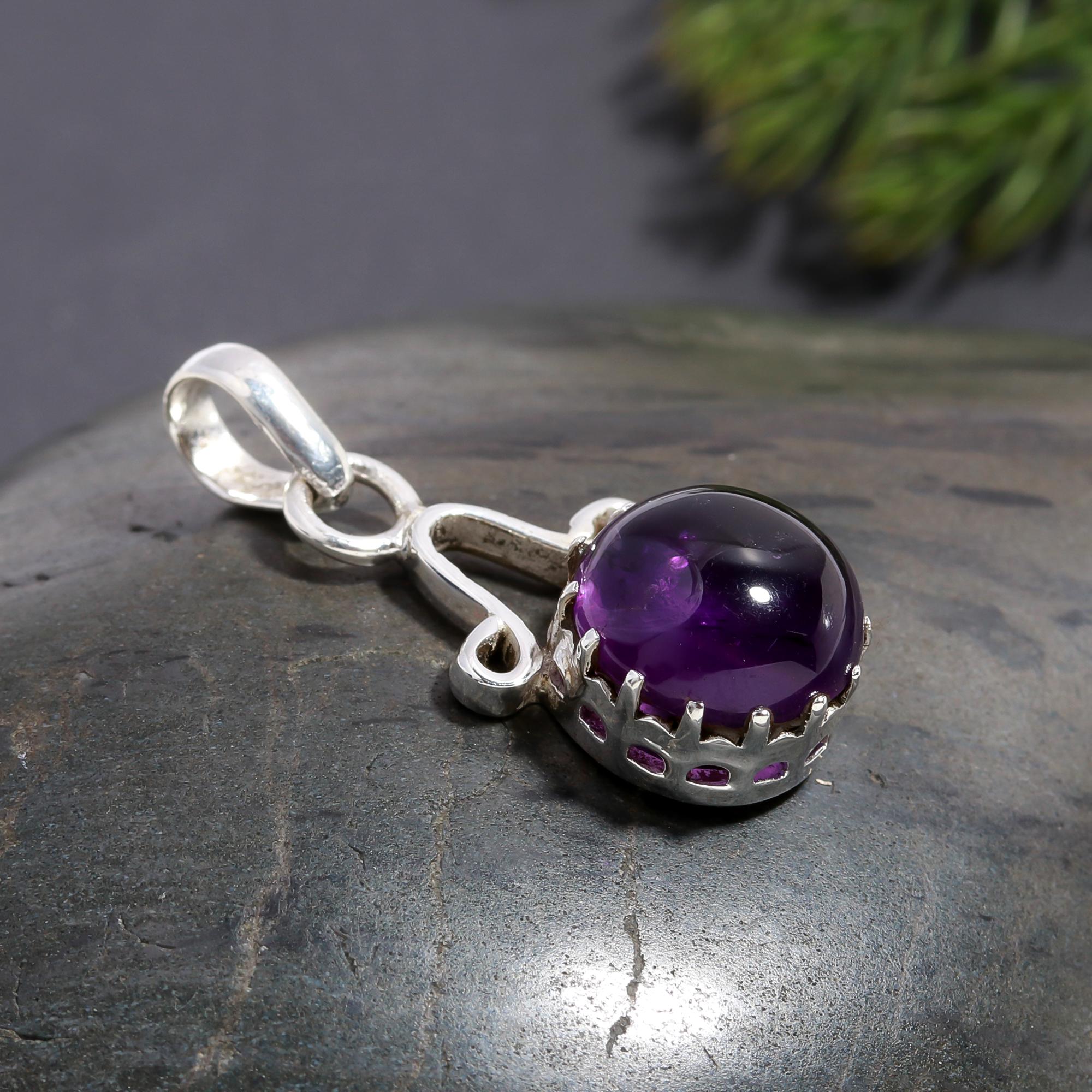 925 Silver Round Amethyst Pendant