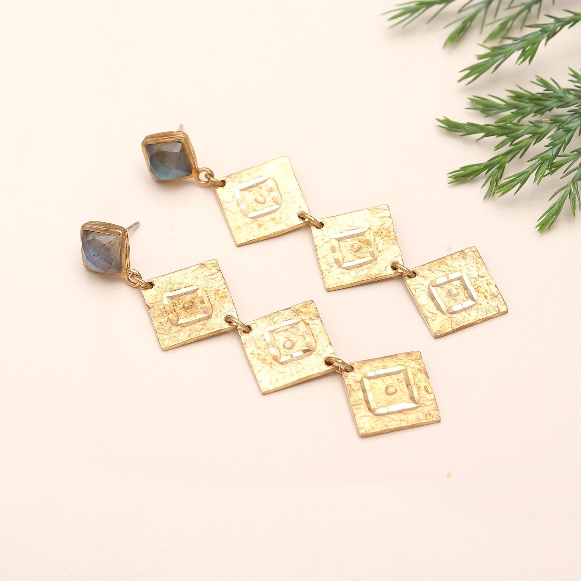 The Golden Quad: Labradorite & Textured Square Drop Earrings
