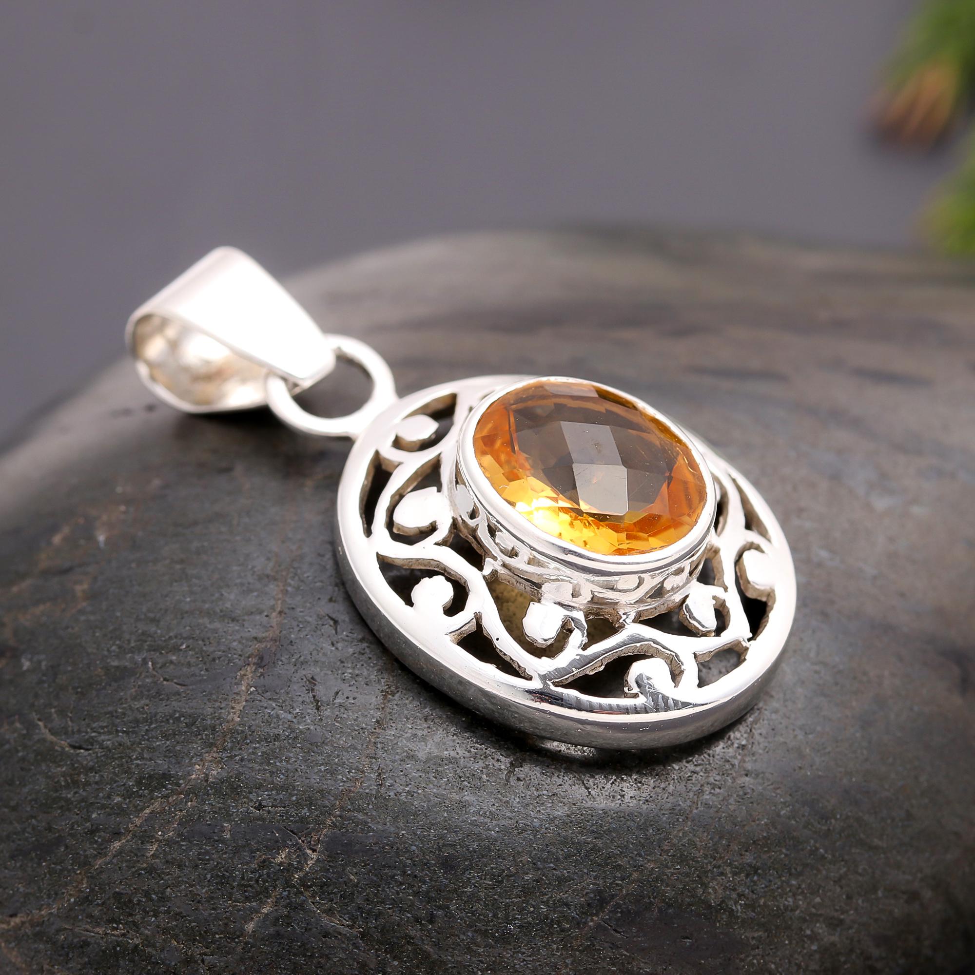 925 Silver Citrine Filigree Pendant