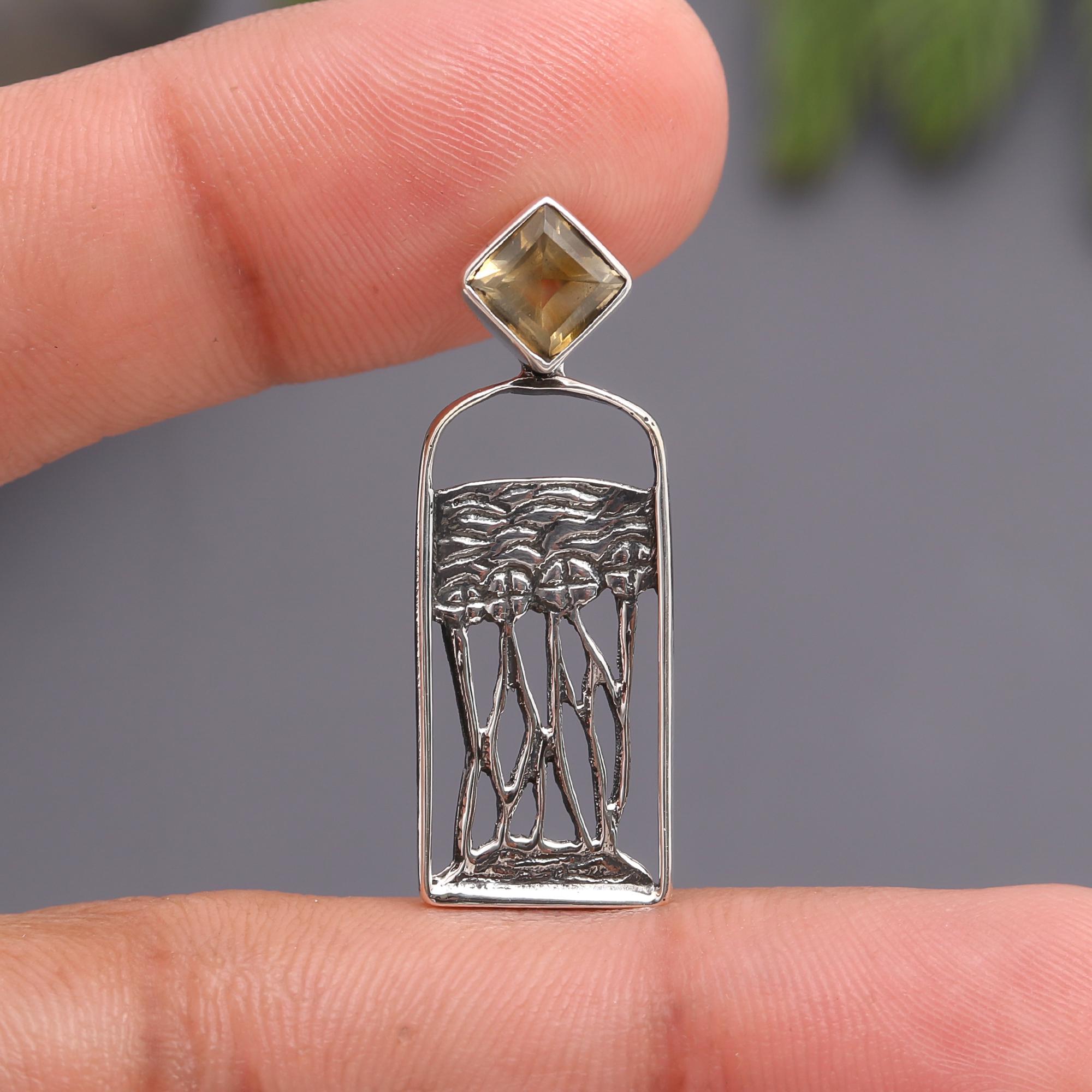 925 Silver Citrine Palm Tree Pendant