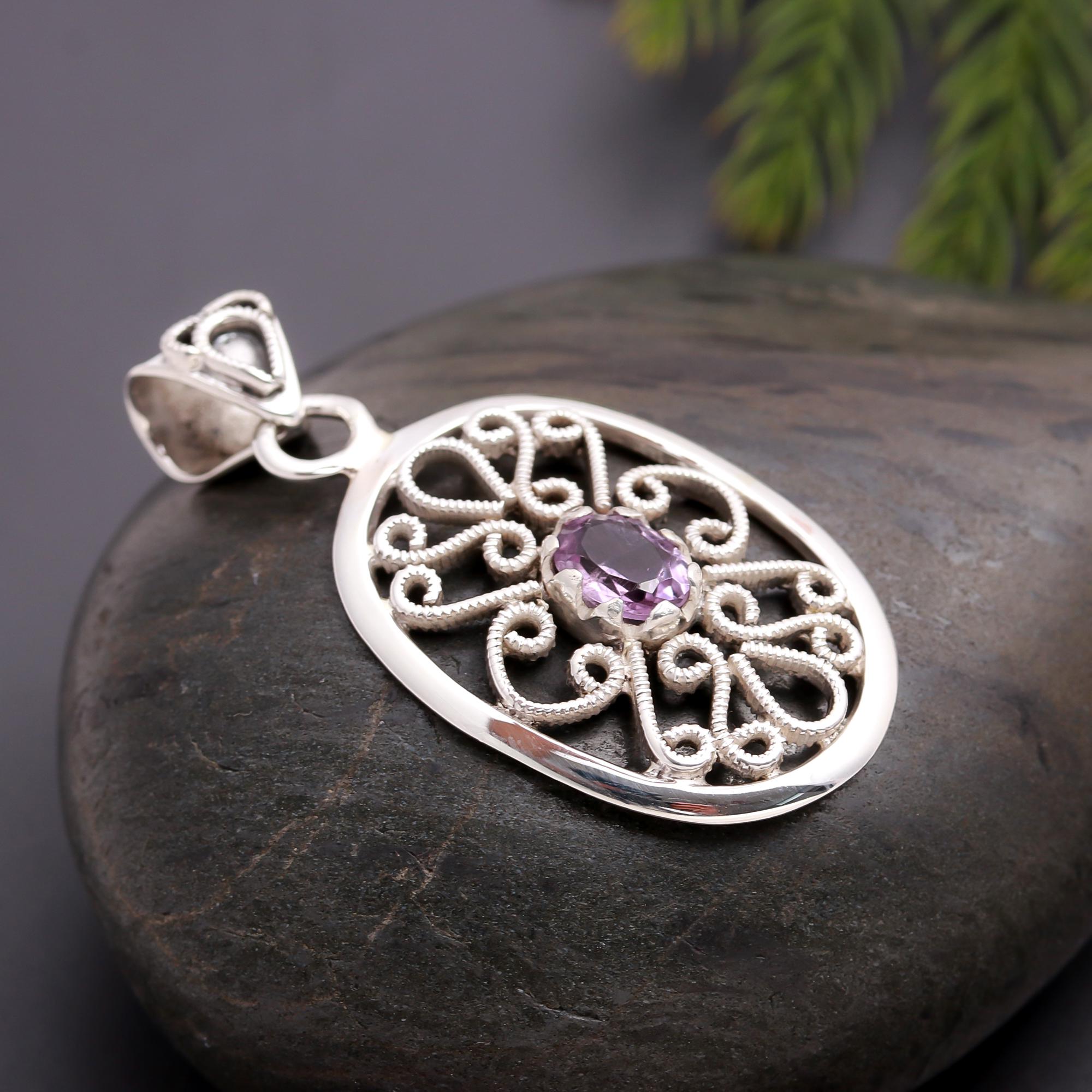 925 Silver Amethyst Filigree Pendant