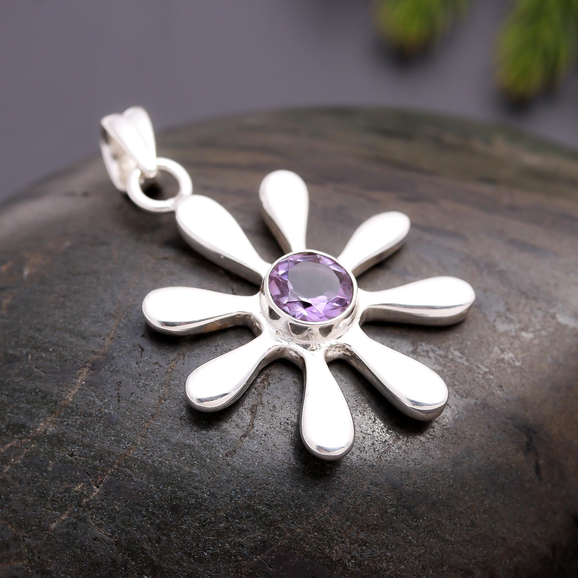 925 Silver Amethyst Flower Pendant