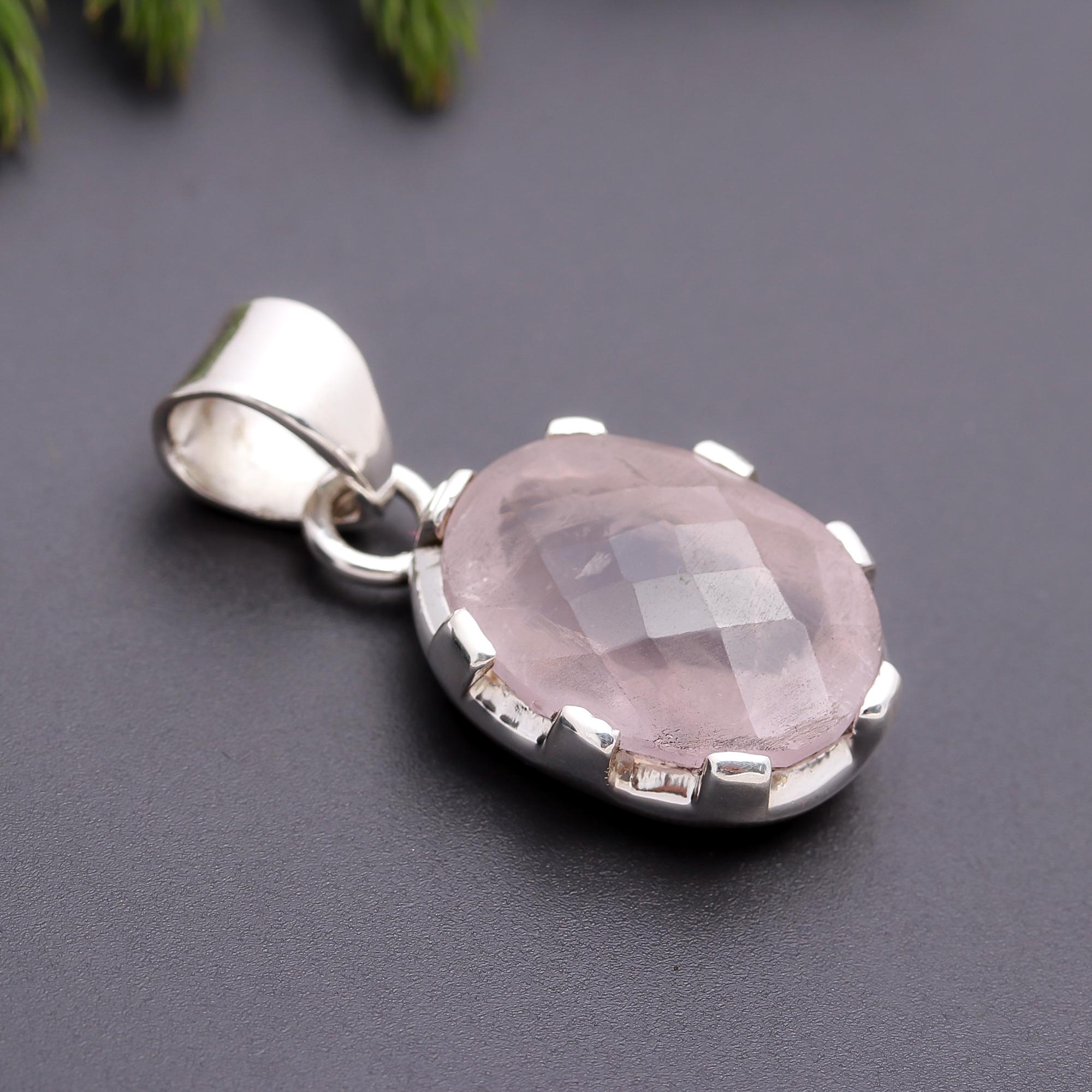 925 Silver Oval Rose Quartz Pendant