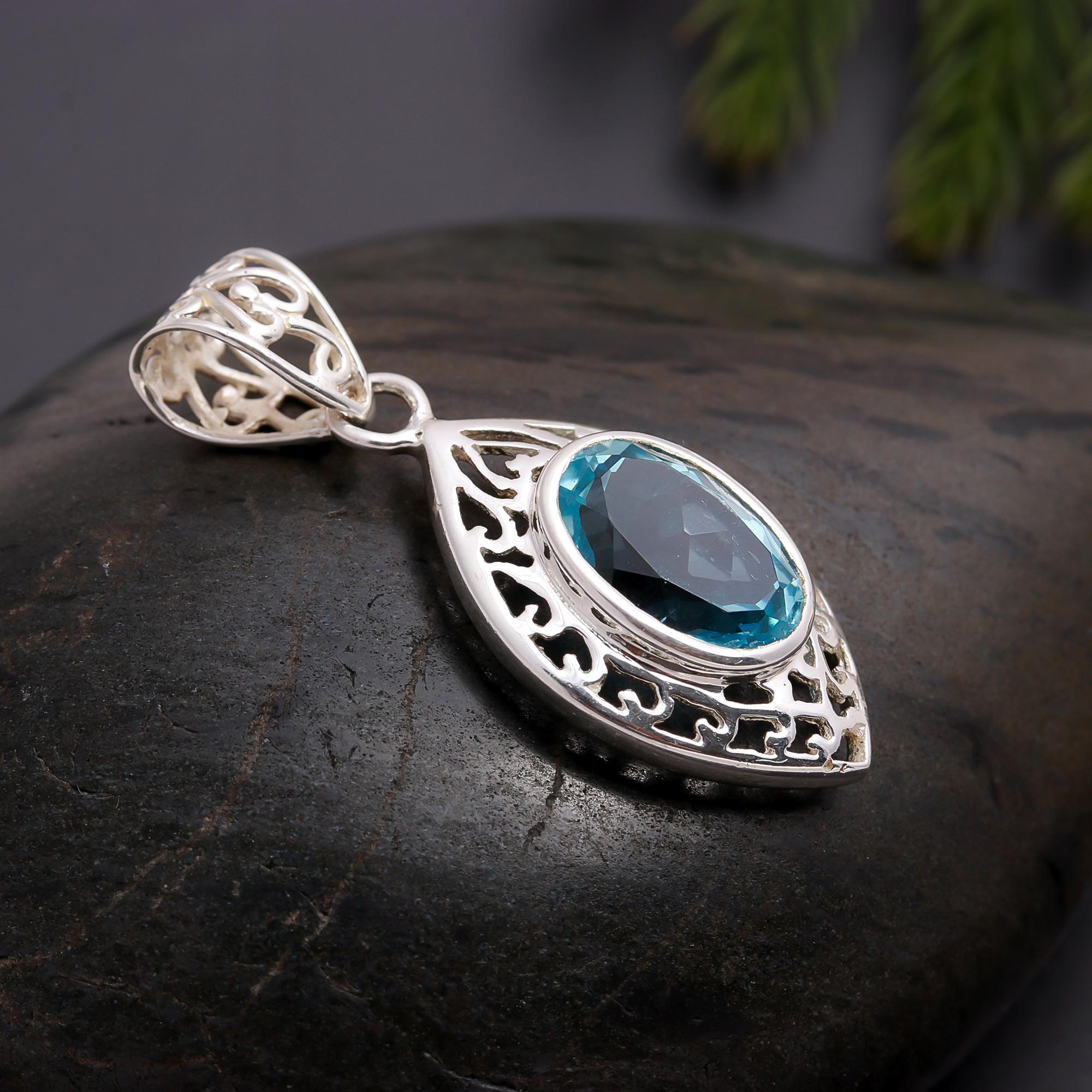 925 Silver Blue Topaz Filigree Pendant