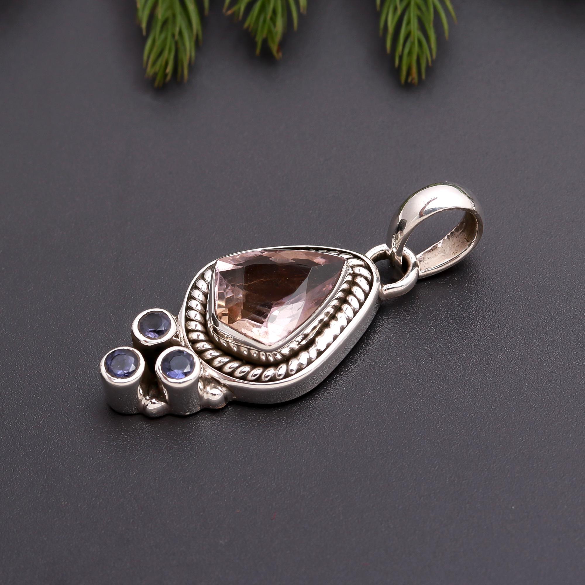 925 Silver Rose Quartz and Iolite Pendant