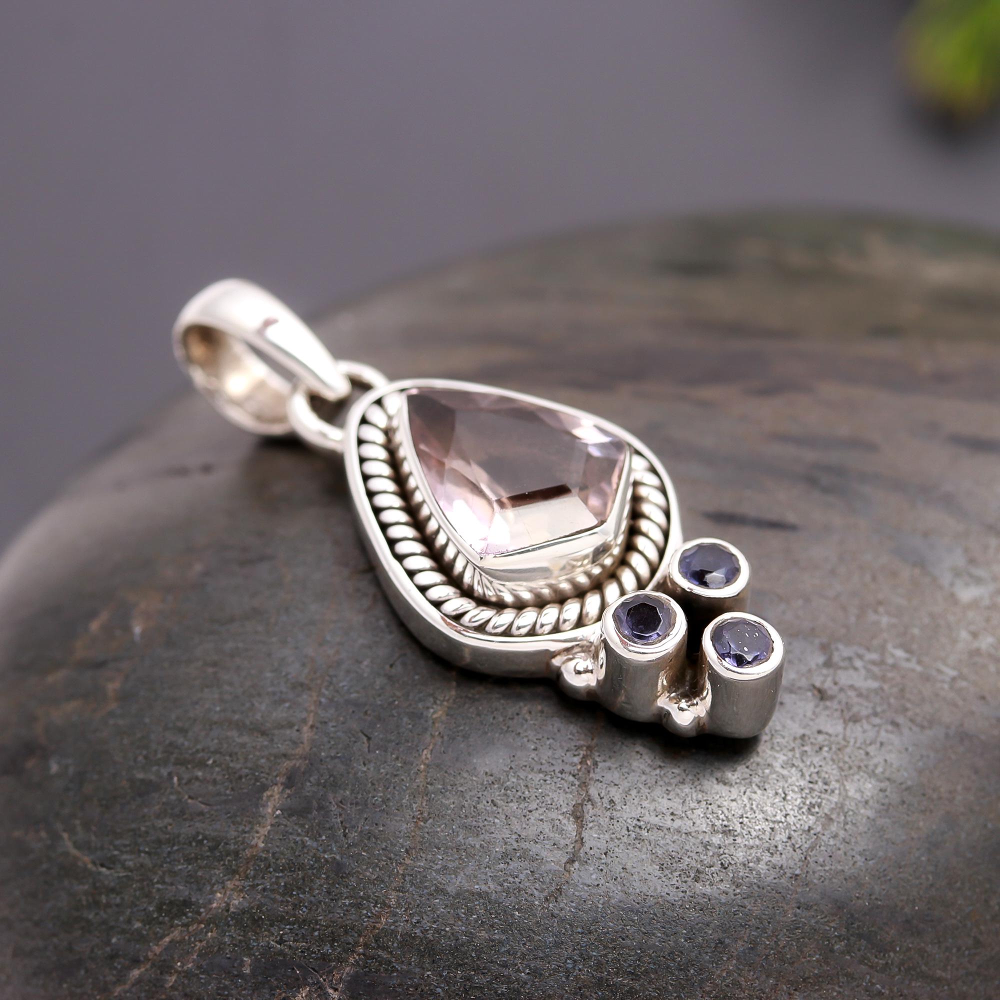 925 Silver Rose Quartz and Iolite Pendant