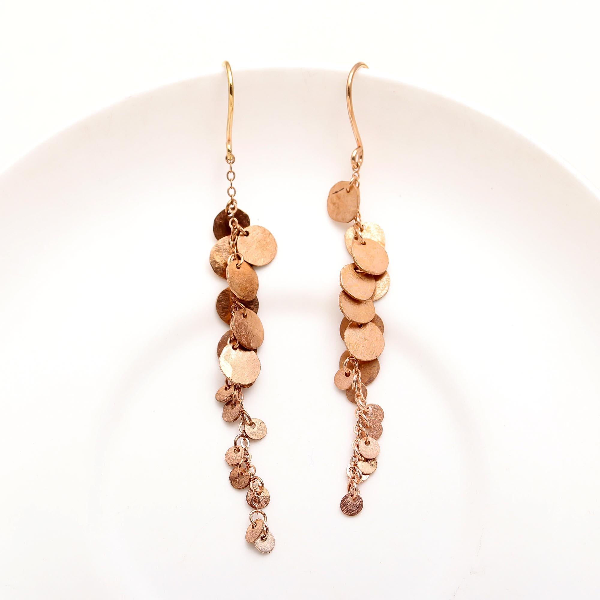 The Rose Cascade: Hammered Disc Fringe Drop Earrings