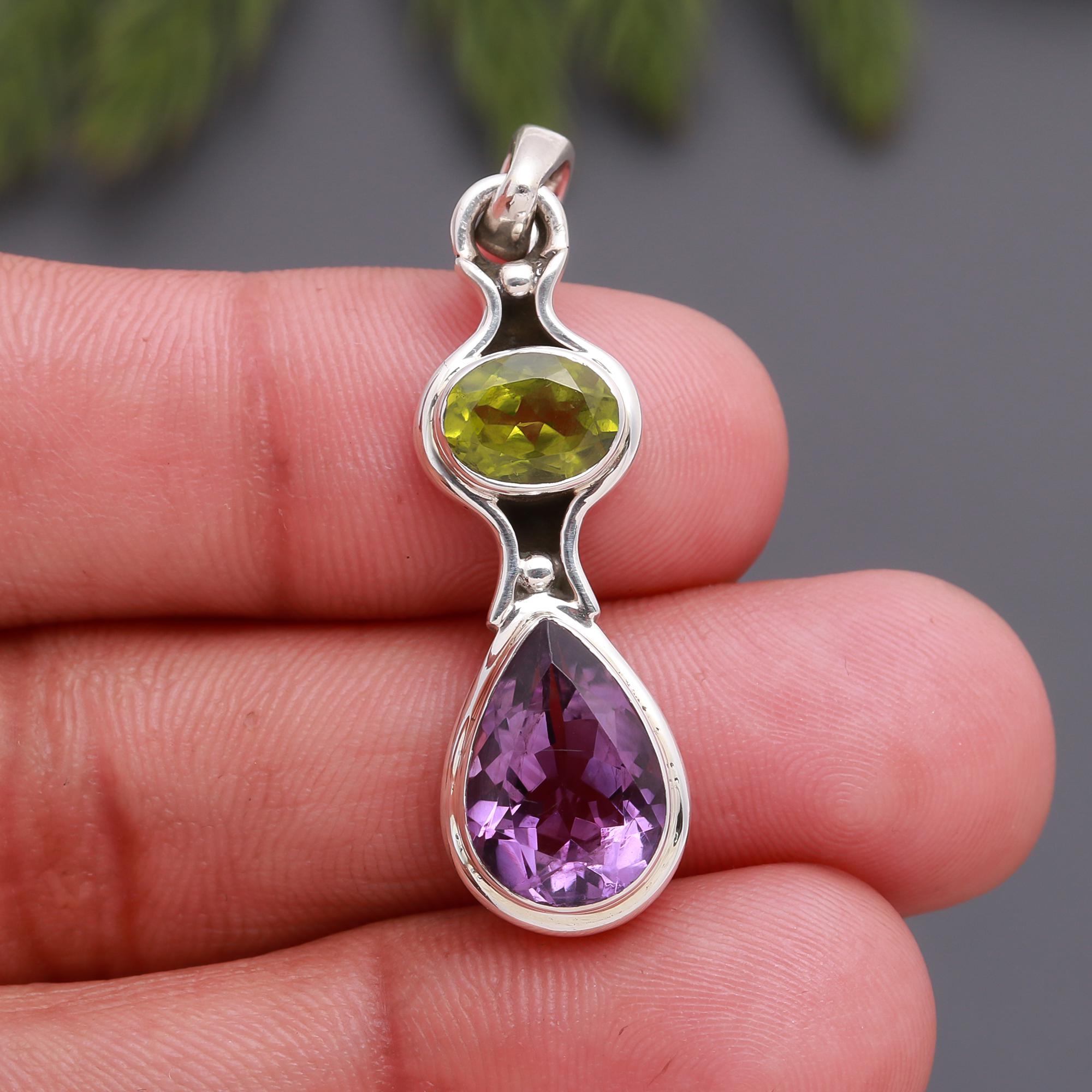 925 Silver Peridot and Amethyst Pendant