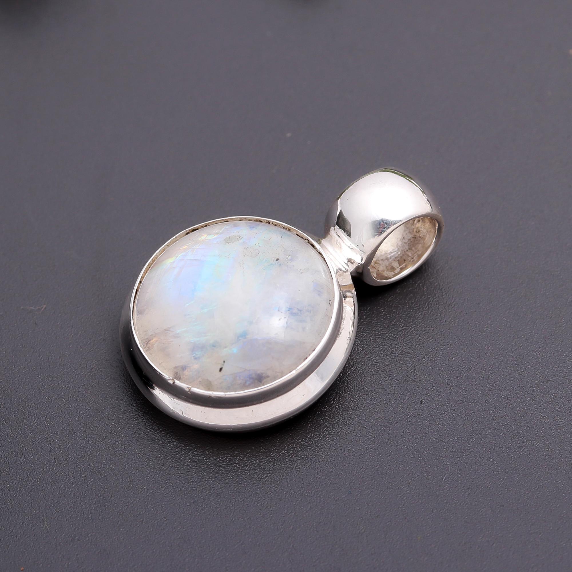 The Lunar Orb: Rainbow Moonstone Silver Solitaire Pendant